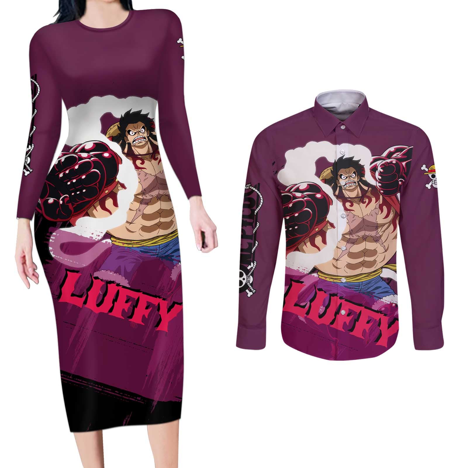 Luffy Gear 4 - One Piece Couples Matching Long Sleeve Bodycon Dress and Long Sleeve Button Shirt Anime Style