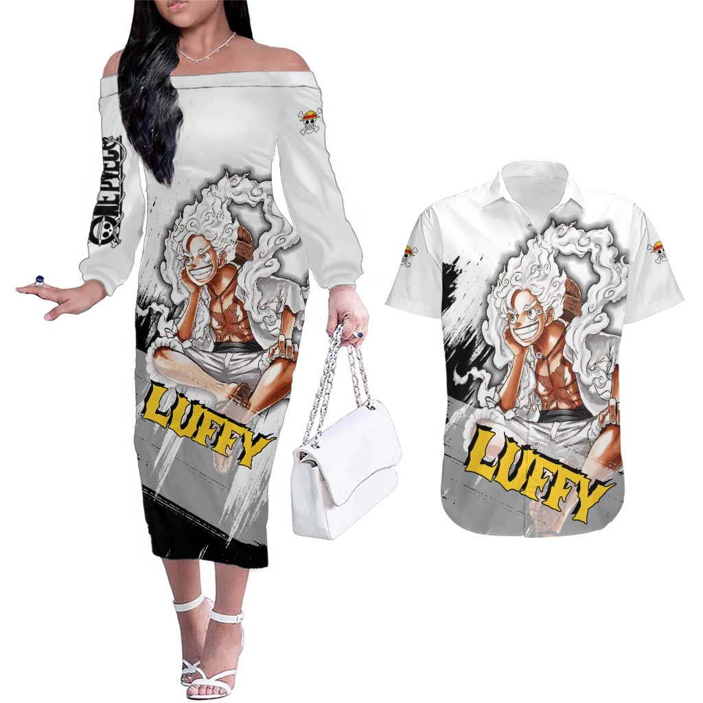 Luffy Gear 5 - One Piece Couples Matching Off The Shoulder Long Sleeve Dress and Hawaiian Shirt Anime Style