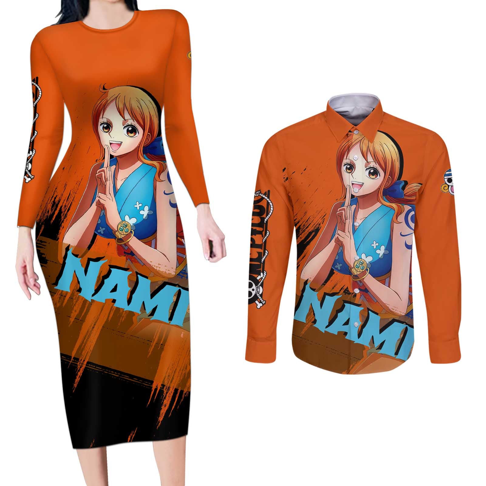 Nami - One Piece Couples Matching Long Sleeve Bodycon Dress and Long Sleeve Button Shirt Anime Style