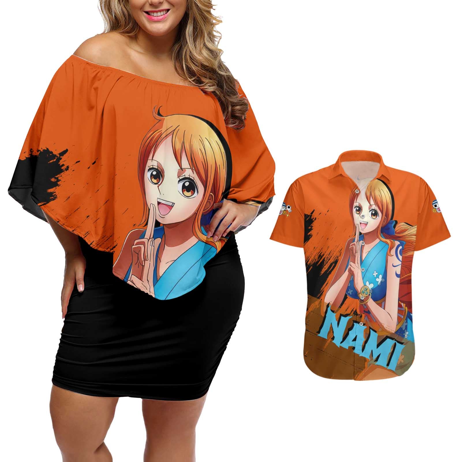 Nami - One Piece Couples Matching Off Shoulder Short Dress and Hawaiian Shirt Anime Style