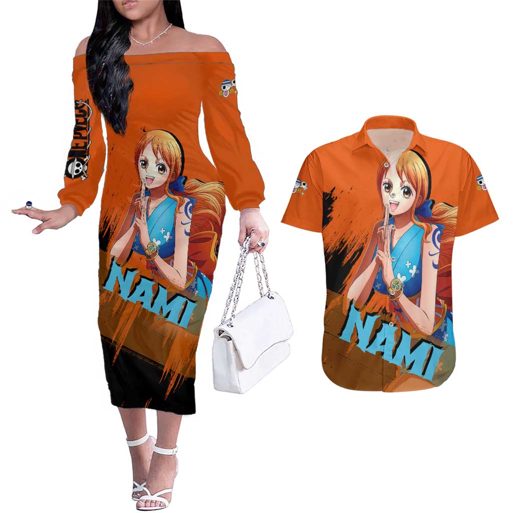 Nami - One Piece Couples Matching Off The Shoulder Long Sleeve Dress and Hawaiian Shirt Anime Style