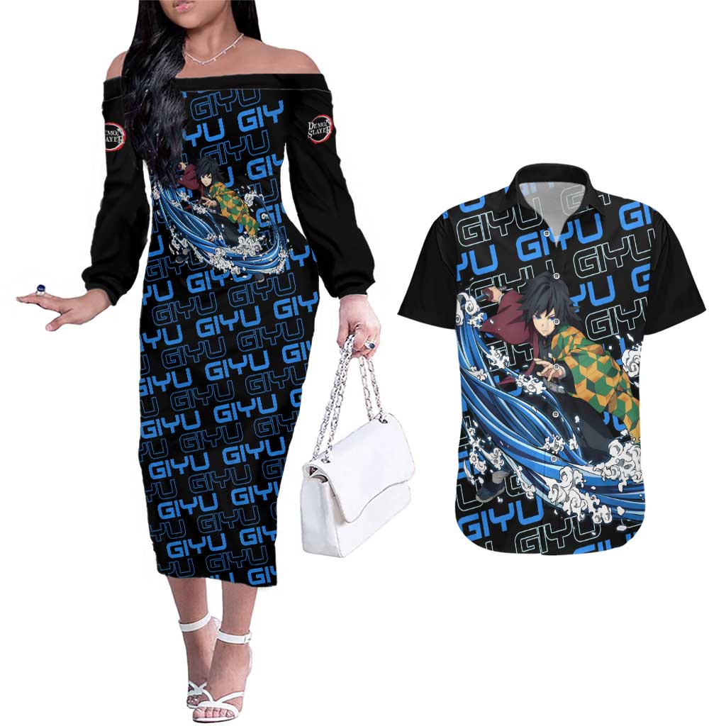 Tomioka Giyu - Demon Slayer Couples Matching Off The Shoulder Long Sleeve Dress and Hawaiian Shirt Anime Japan Style