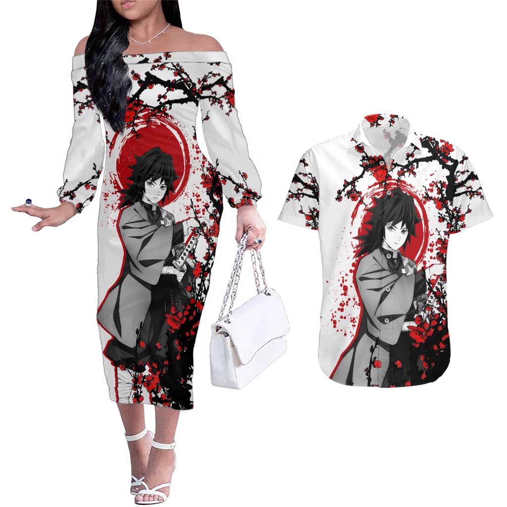 Giyu Tomioka - Demon Slayer Couples Matching Off The Shoulder Long Sleeve Dress and Hawaiian Shirt Anime Japan Style