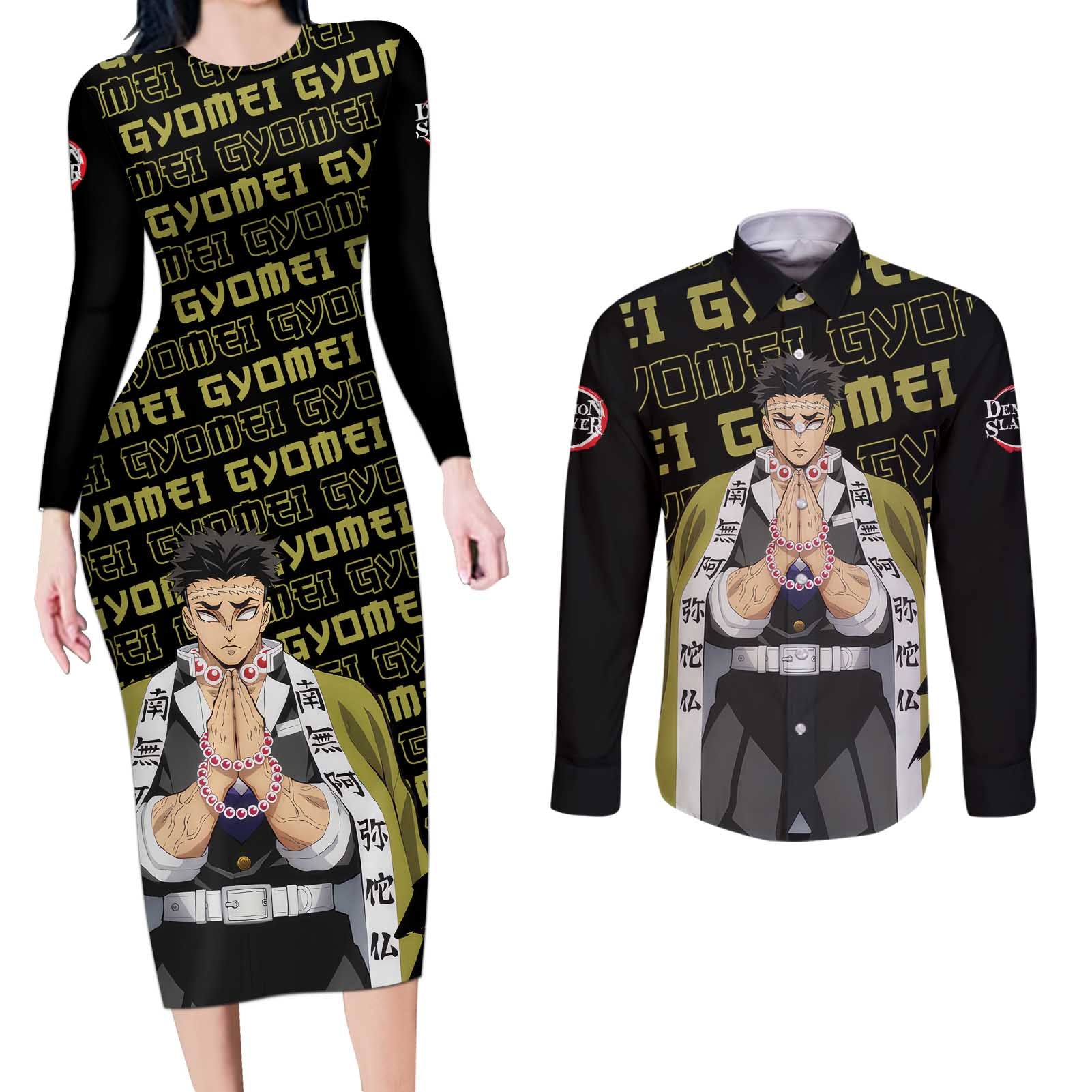 Gyomei Himejima - Demon Slayer Couples Matching Long Sleeve Bodycon Dress and Long Sleeve Button Shirt Anime Japan Style