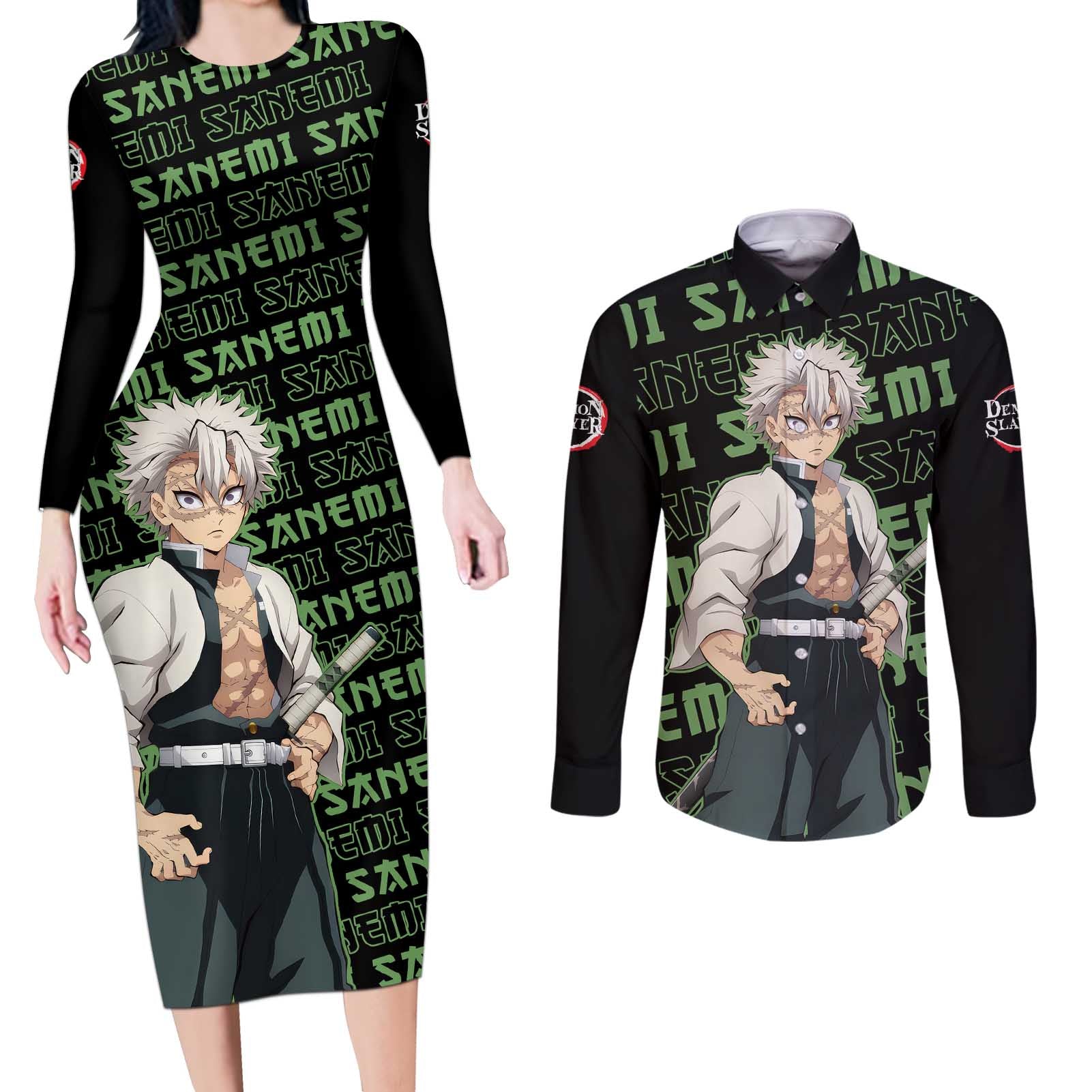 Sanemi Shinazugawa - Demon Slayer Couples Matching Long Sleeve Bodycon Dress and Long Sleeve Button Shirt Anime Mix Pattern Style