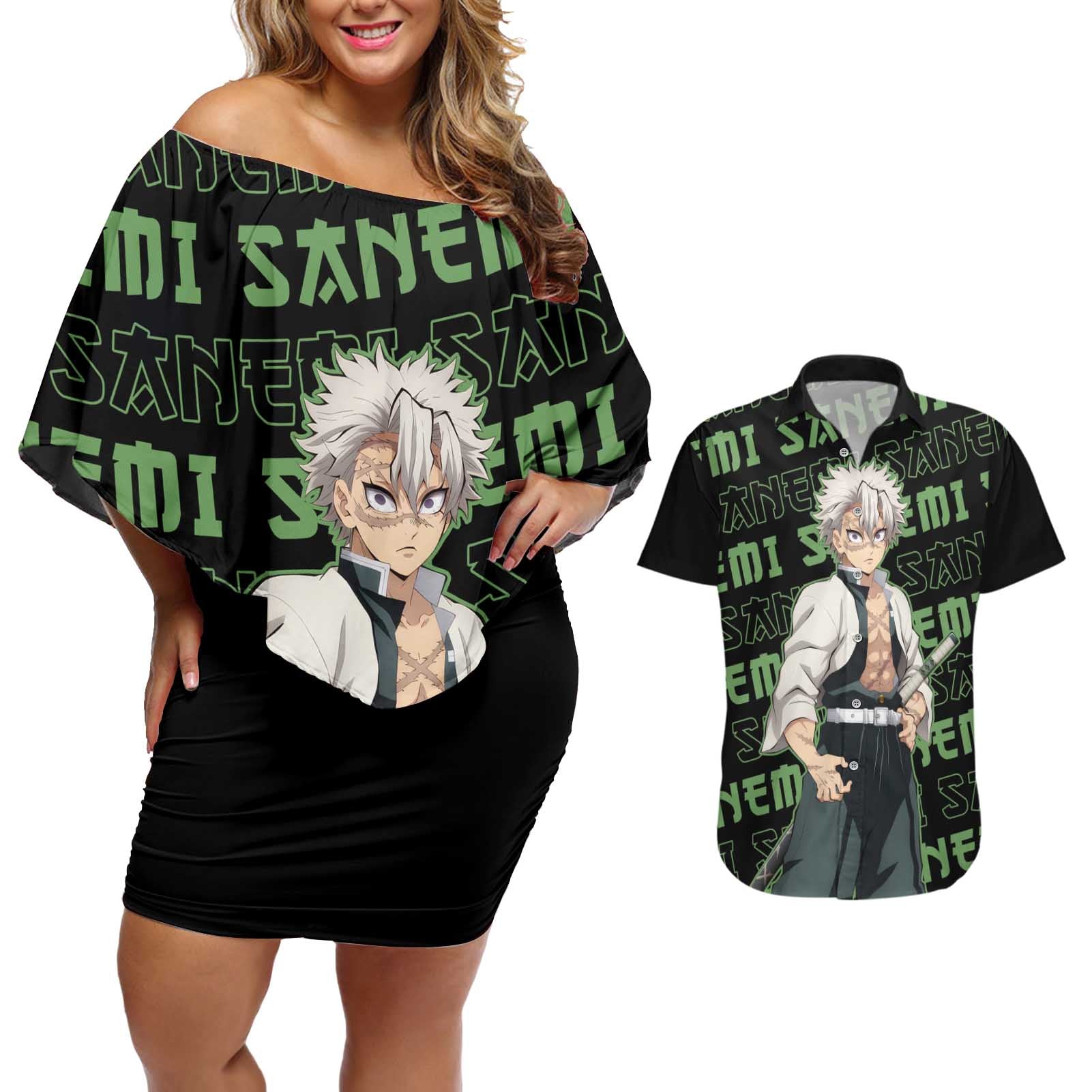 Sanemi Shinazugawa - Demon Slayer Couples Matching Off Shoulder Short Dress and Hawaiian Shirt Anime Mix Pattern Style