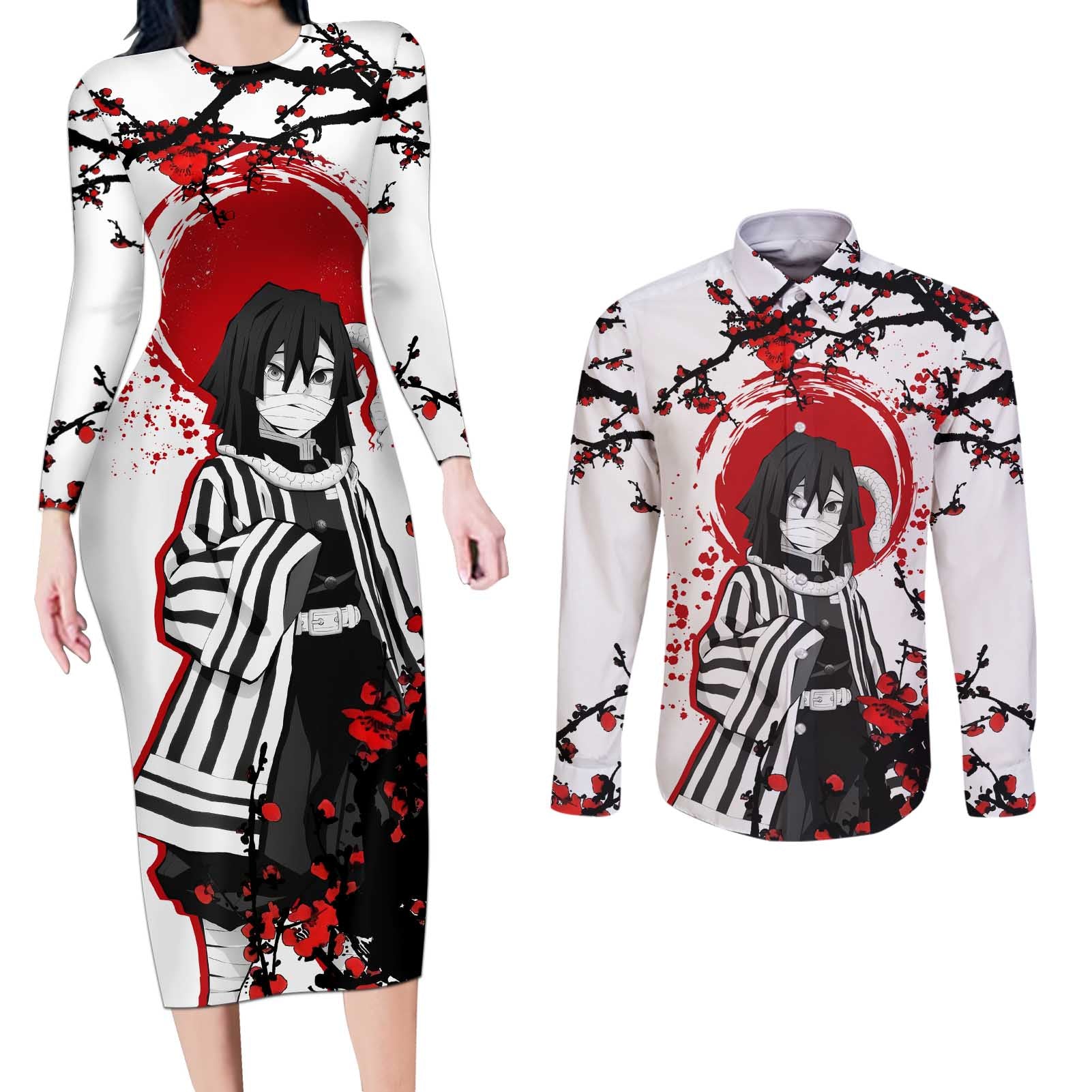 Iguro Obanai - Demon Slayer Couples Matching Long Sleeve Bodycon Dress and Long Sleeve Button Shirt Anime Japan Style