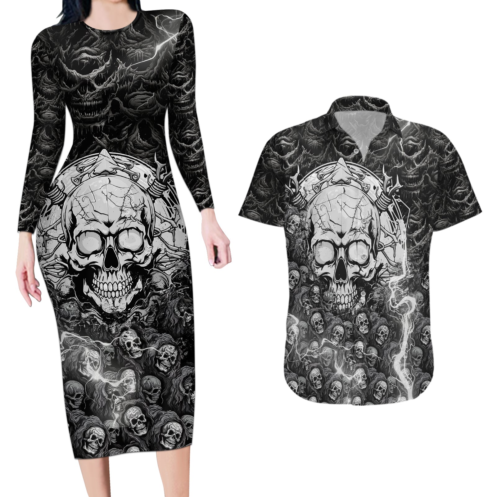 skull-couples-matching-long-sleeve-bodycon-dress-and-hawaiian-shirt-your-demons-hide-under-your-bed-mine-hide-inside-my-head