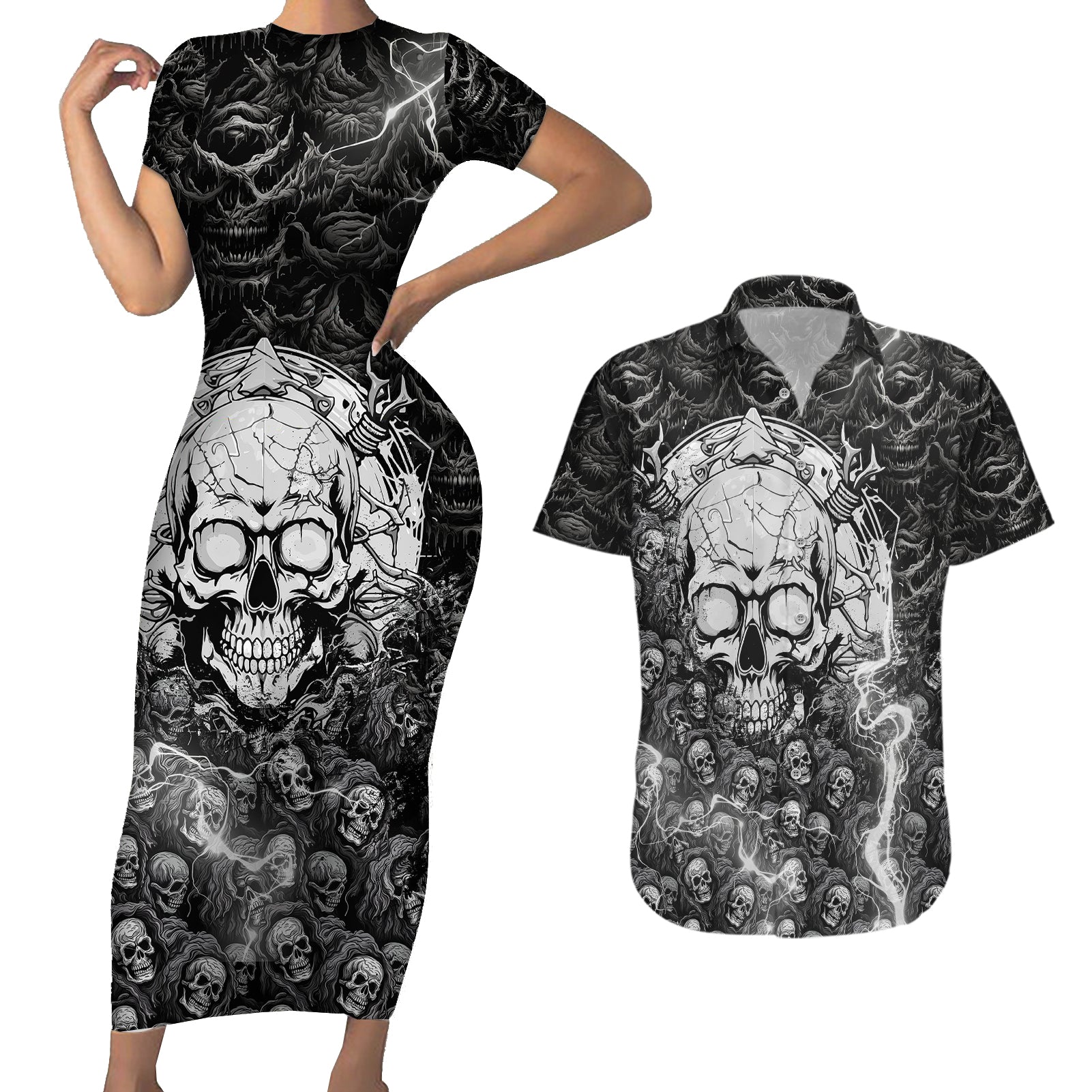 skull-couples-matching-short-sleeve-bodycon-dress-and-hawaiian-shirt-your-demons-hide-under-your-bed-mine-hide-inside-my-head