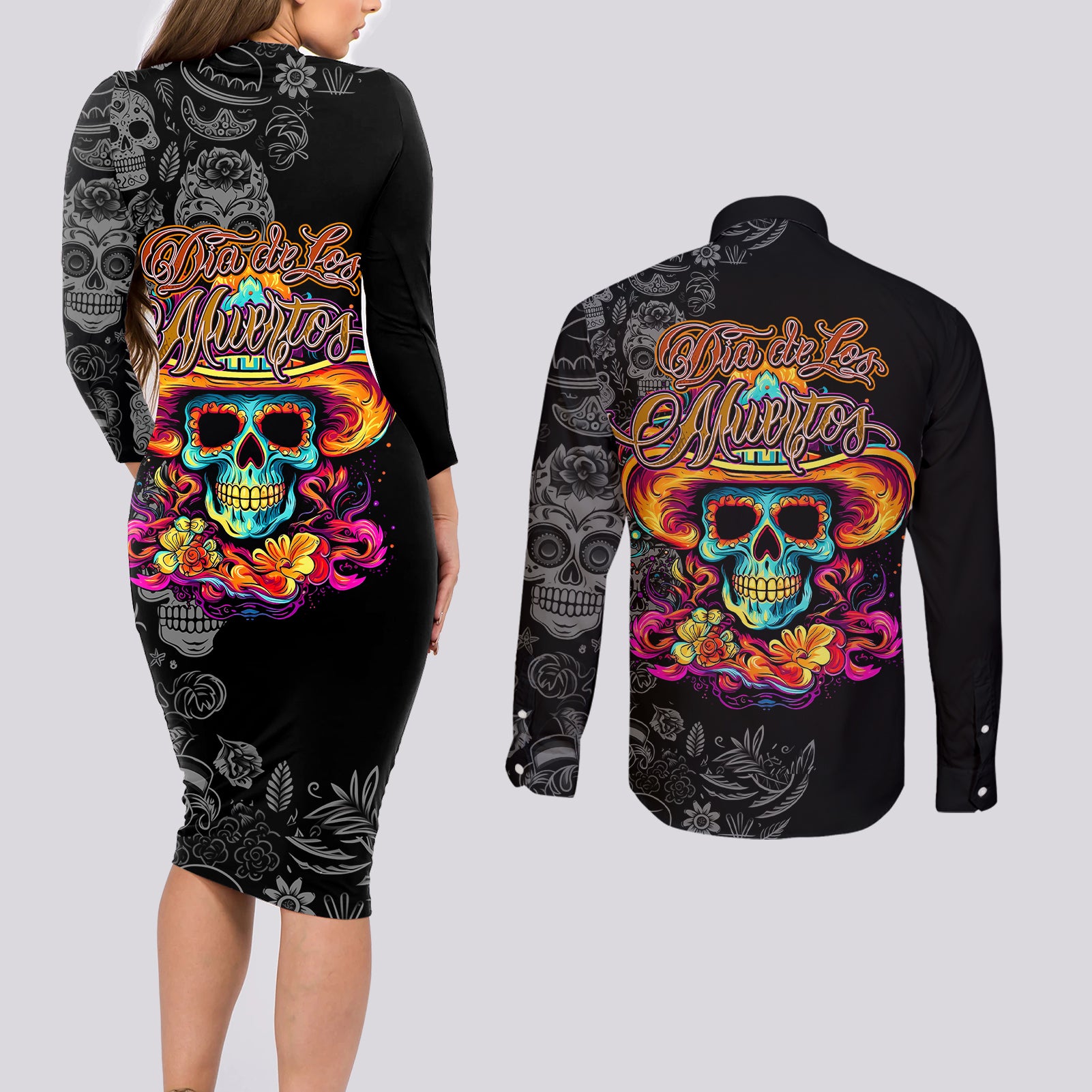 day-of-the-dead-sugar-skull-couples-matching-long-sleeve-bodycon-dress-and-long-sleeve-button-shirts-dia-de-los-murtos