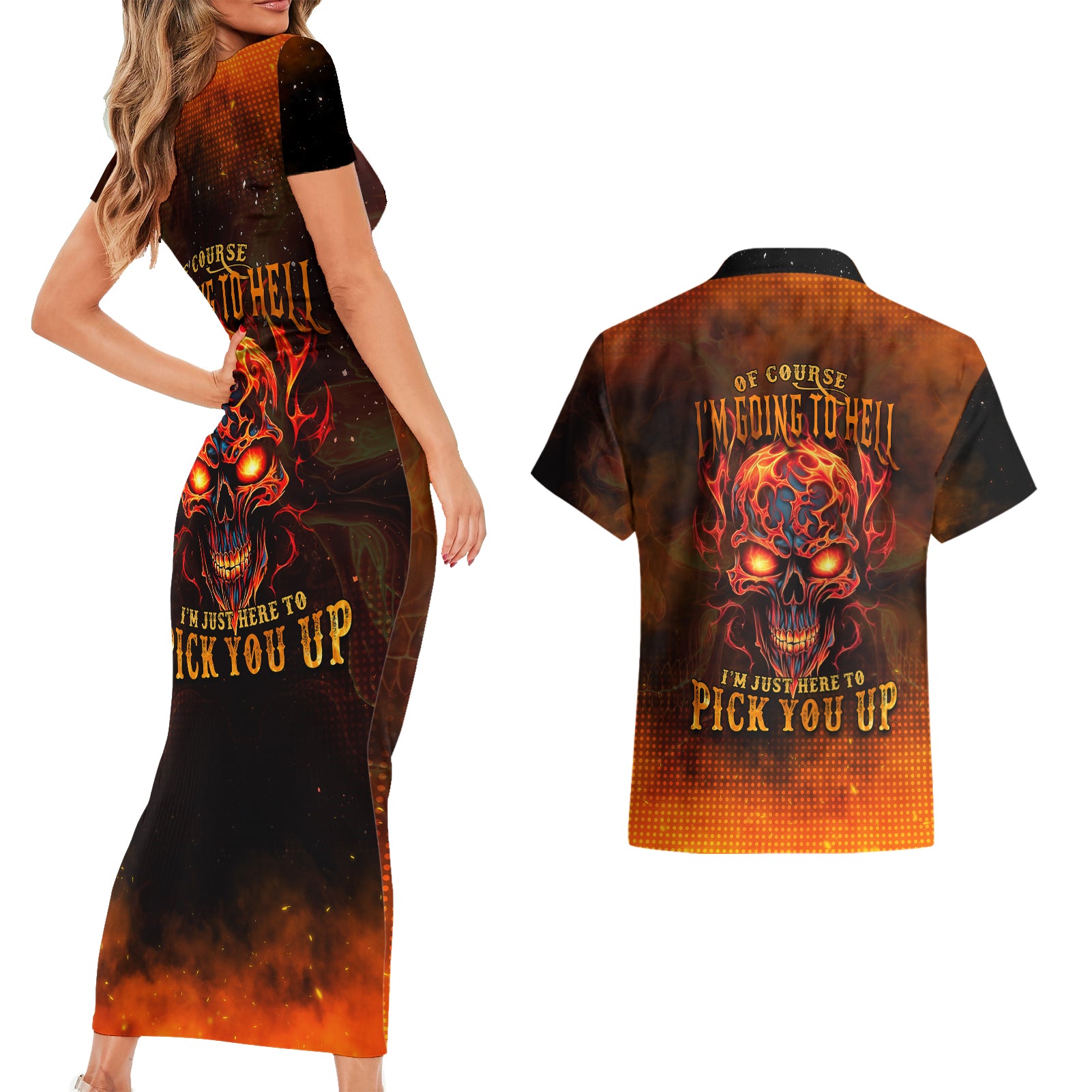 fire-skull-couples-matching-short-sleeve-bodycon-dress-and-hawaiian-shirt-of-course-im-going-to-hell-im-just-here-to-pick-you-up