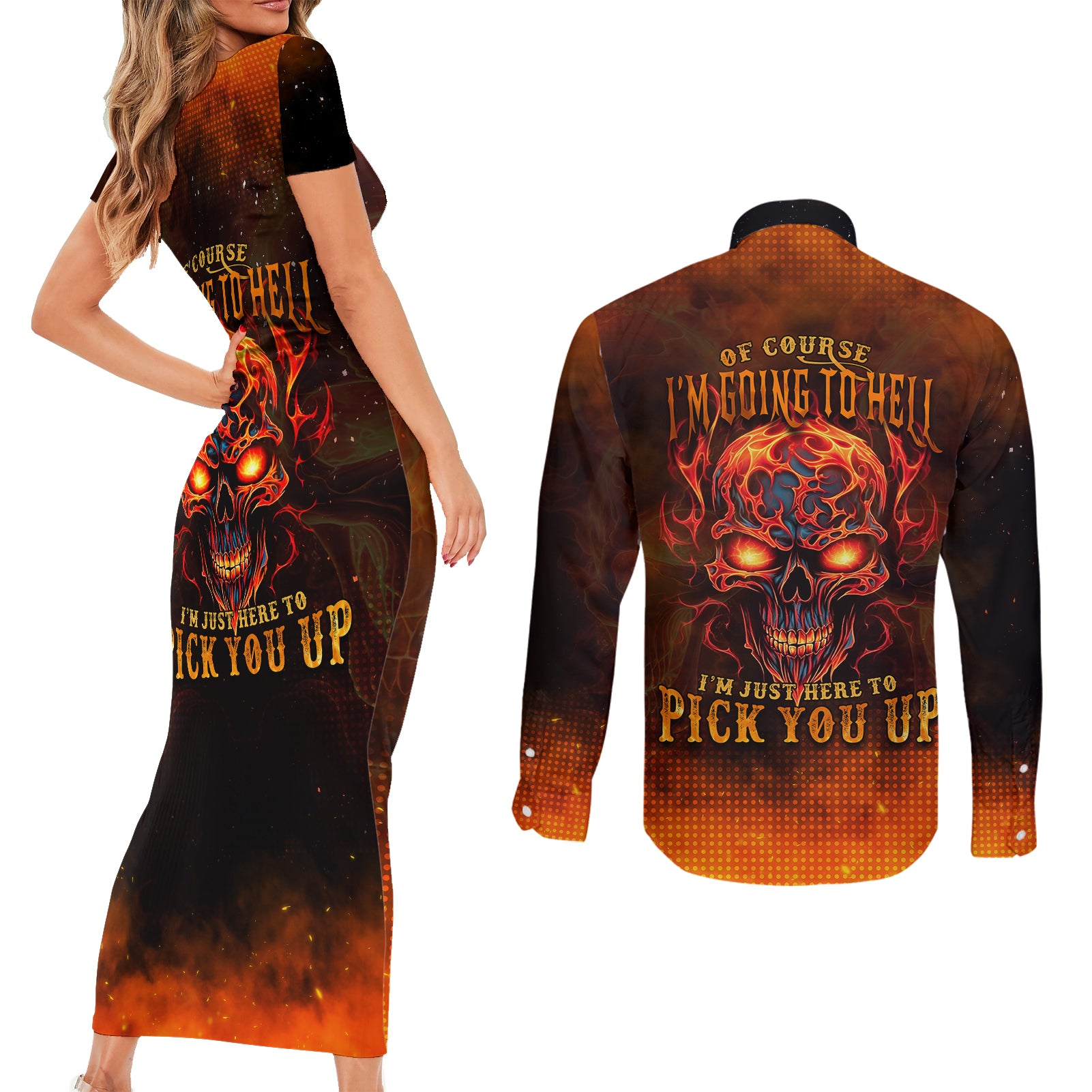 fire-skull-couples-matching-short-sleeve-bodycon-dress-and-long-sleeve-button-shirts-of-course-im-going-to-hell-im-just-here-to-pick-you-up