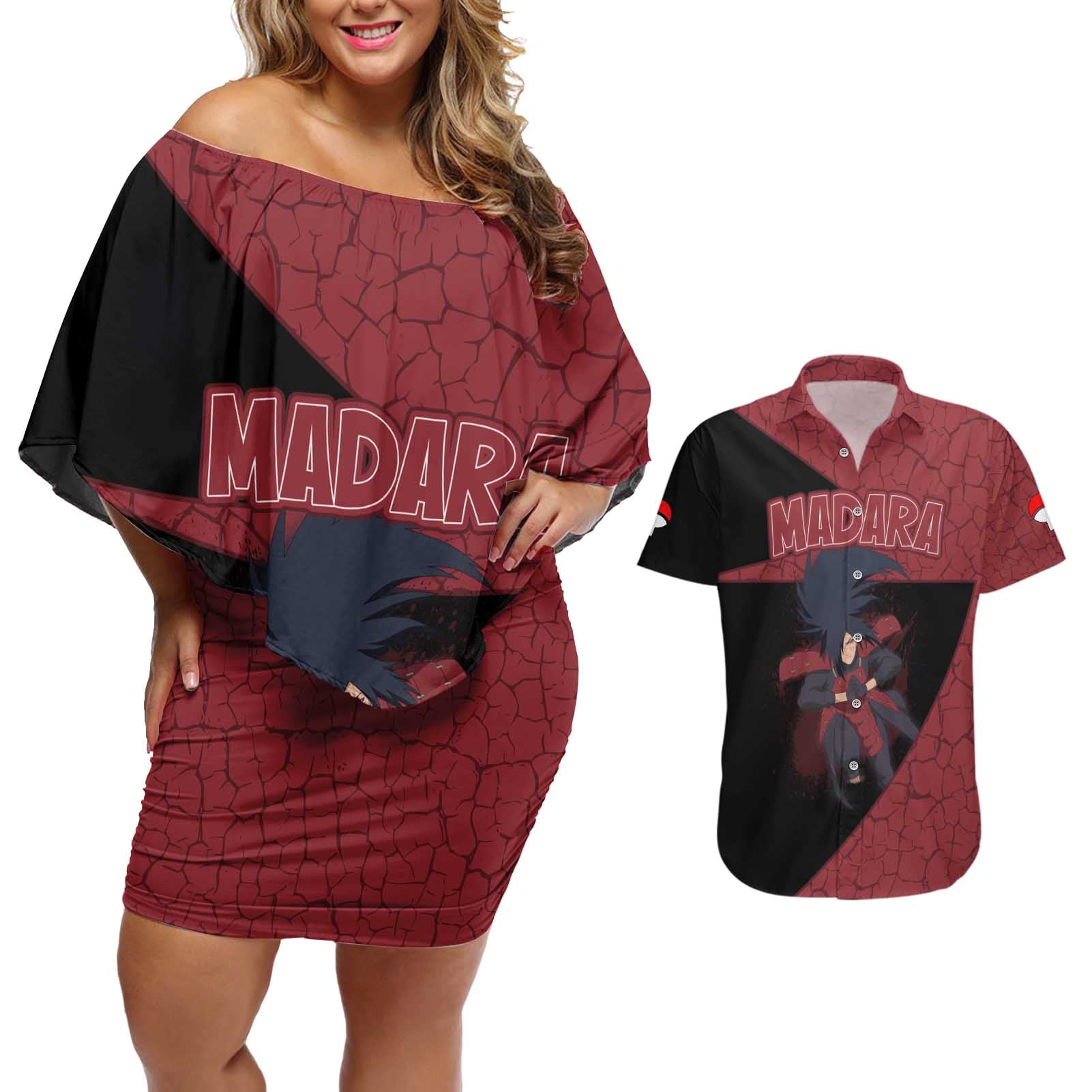 Madara Uchiha - Naruto Couples Matching Off Shoulder Short Dress and Hawaiian Shirt Anime Style