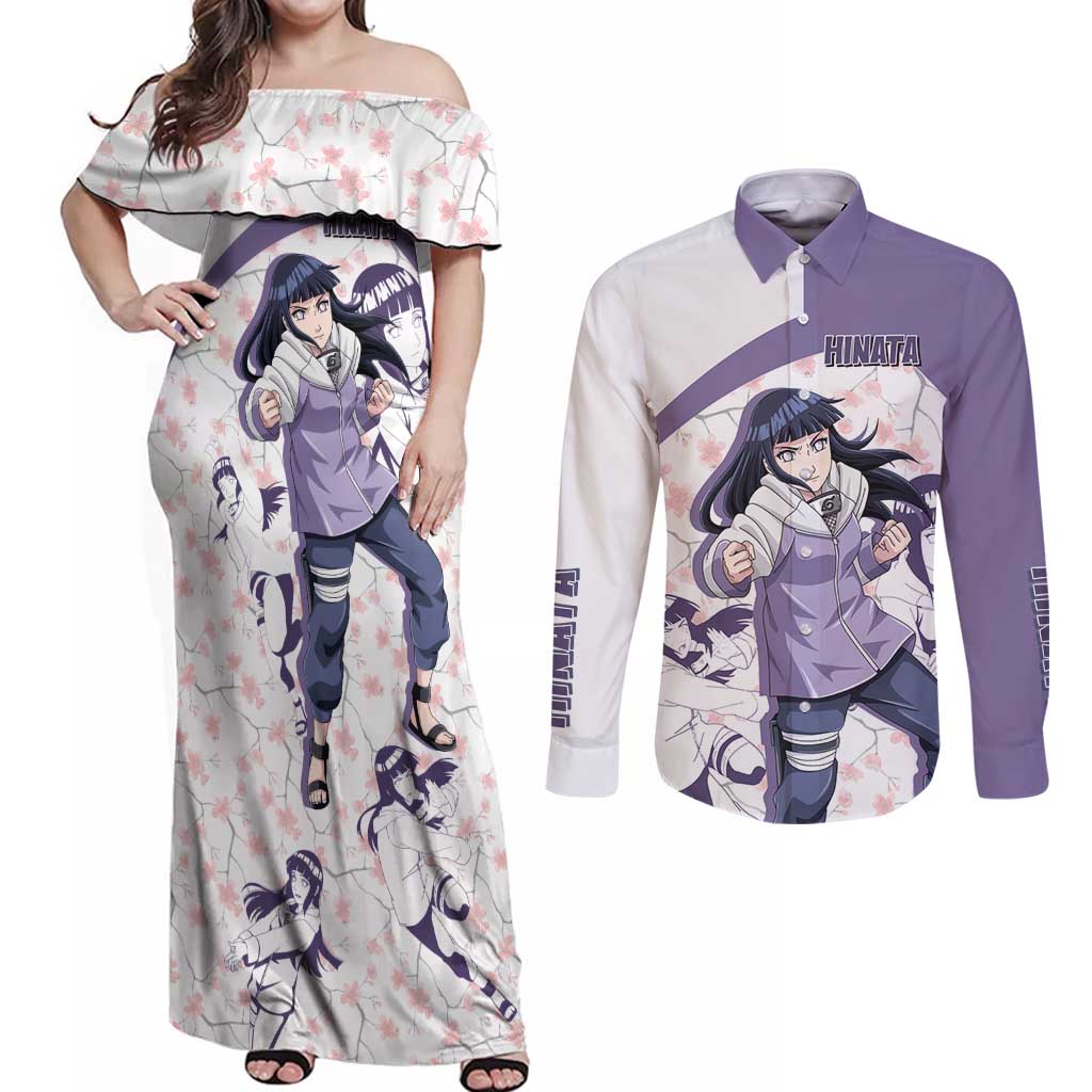 Hinata Hyuga - Naruto Couples Matching Off Shoulder Maxi Dress and Long Sleeve Button Shirt Anime Style