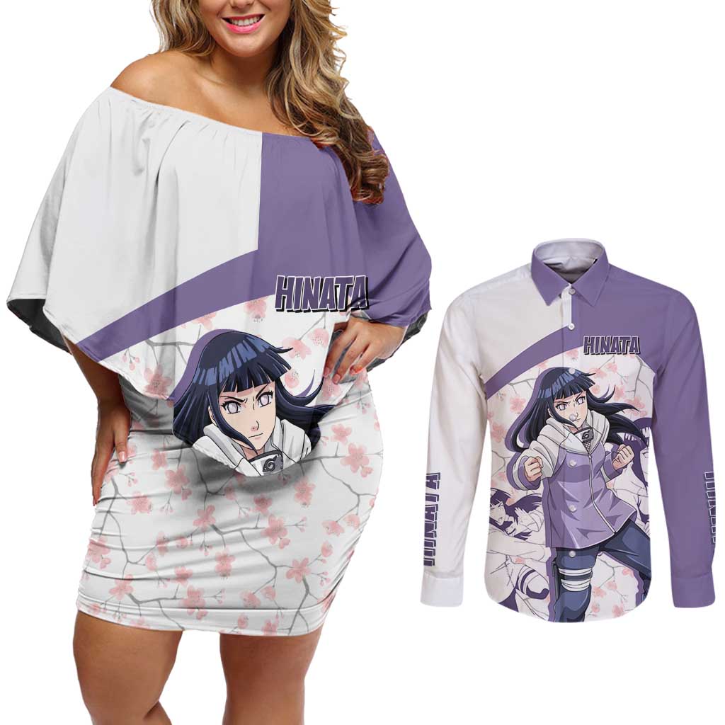 Hinata Hyuga - Naruto Couples Matching Off Shoulder Short Dress and Long Sleeve Button Shirt Anime Style