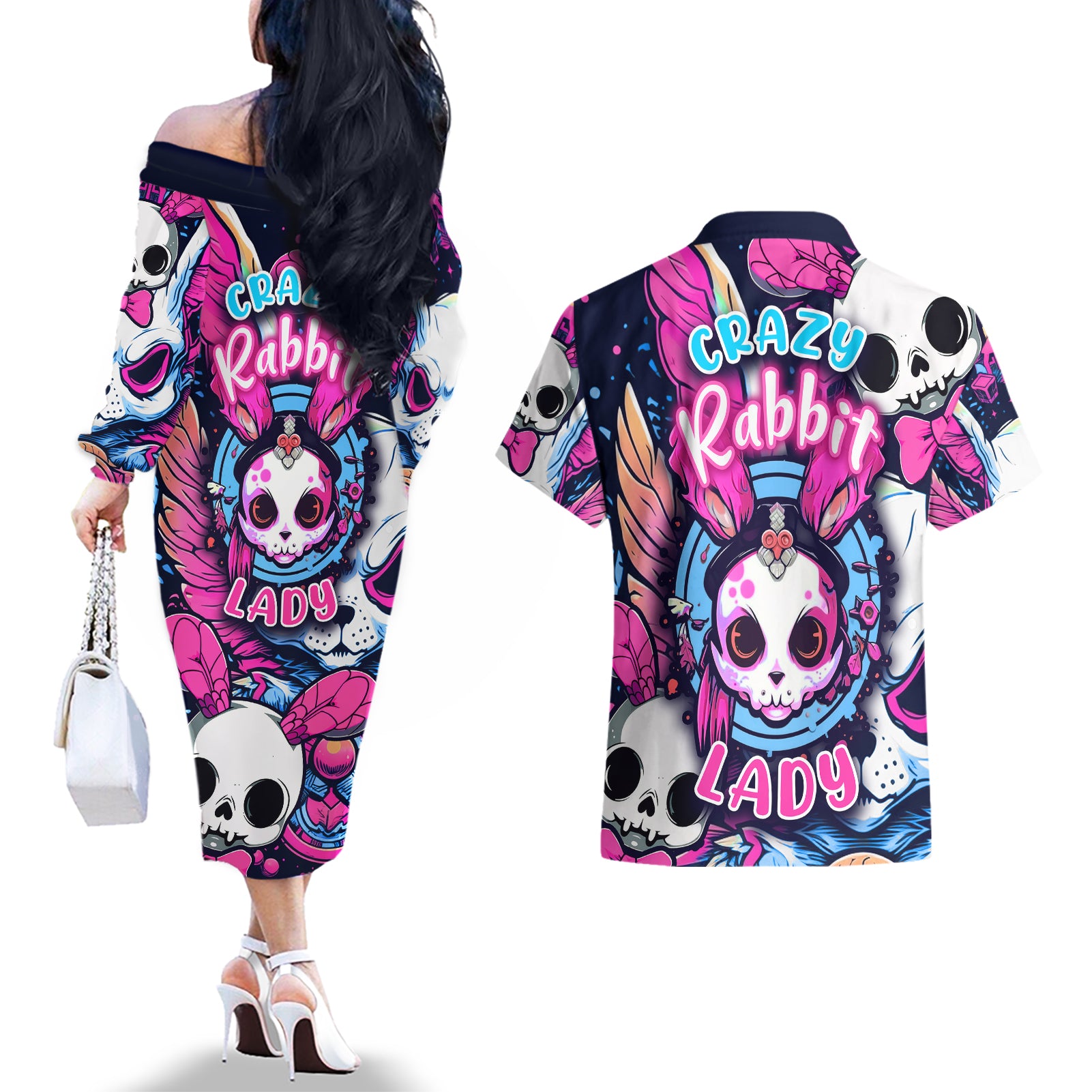 crazy-rabbit-lady-couples-matching-off-the-shoulder-long-sleeve-dress-and-hawaiian-shirt