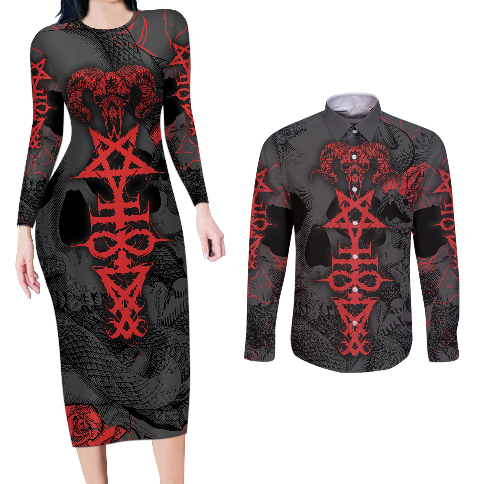 skull-horror-satan-symbol-grunge-couples-matching-long-sleeve-bodycon-dress-and-long-sleeve-button-shirts