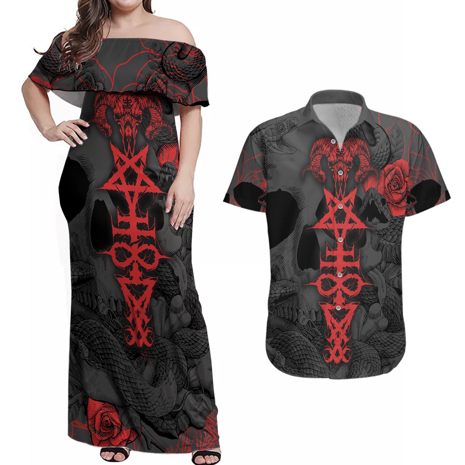 skull-horror-satan-symbol-grunge-couples-matching-off-shoulder-maxi-dress-and-hawaiian-shirt