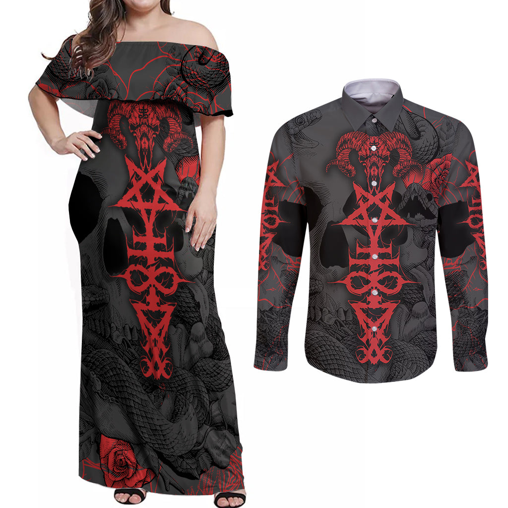 skull-horror-satan-symbol-grunge-couples-matching-off-shoulder-maxi-dress-and-long-sleeve-button-shirts