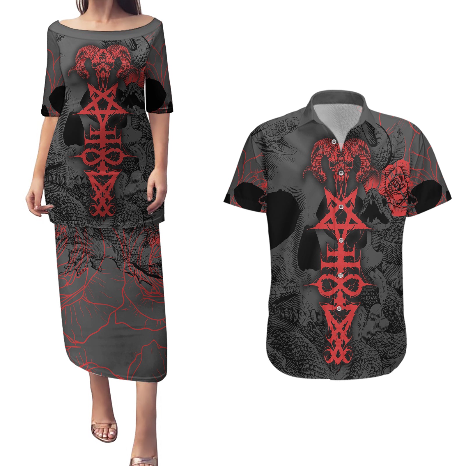 skull-horror-satan-symbol-grunge-couples-matching-puletasi-dress-and-hawaiian-shirt