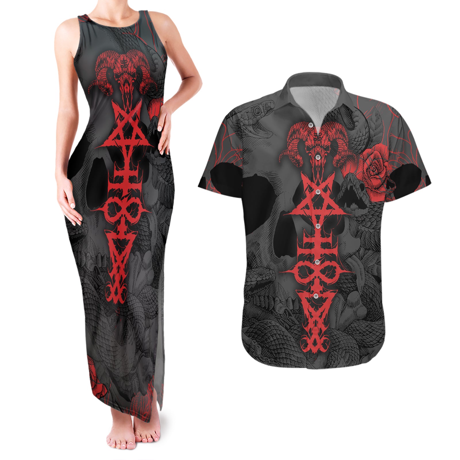 skull-horror-satan-symbol-grunge-couples-matching-tank-maxi-dress-and-hawaiian-shirt