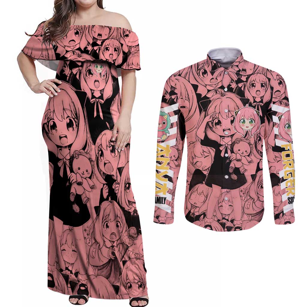 Anya Forger Bond Spy x Family Couples Matching Off Shoulder Maxi Dress and Long Sleeve Button Shirt Anime Mix Manga Style