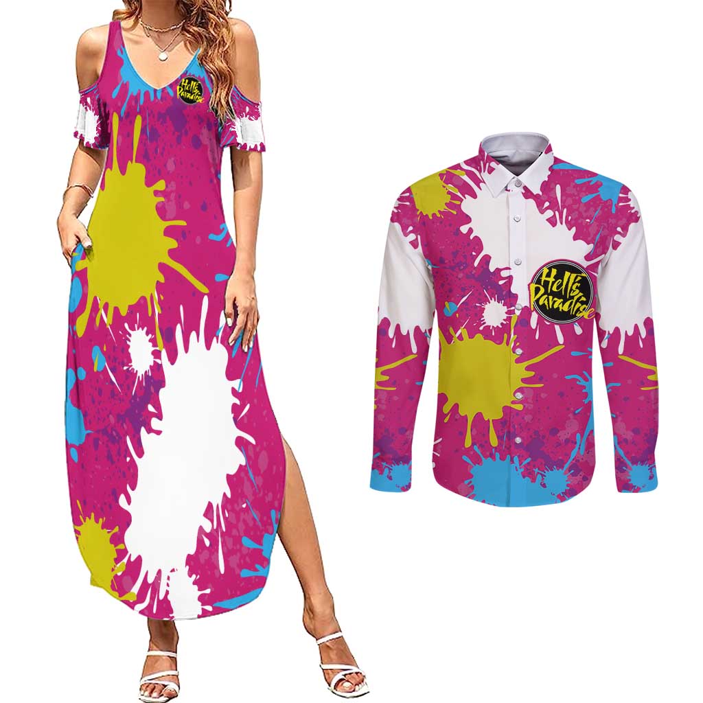 Art Fantasma Hell’s Paradise Couples Matching Summer Maxi Dress and Long Sleeve Button Shirt Anime Uniform Mix Color Painting Splash