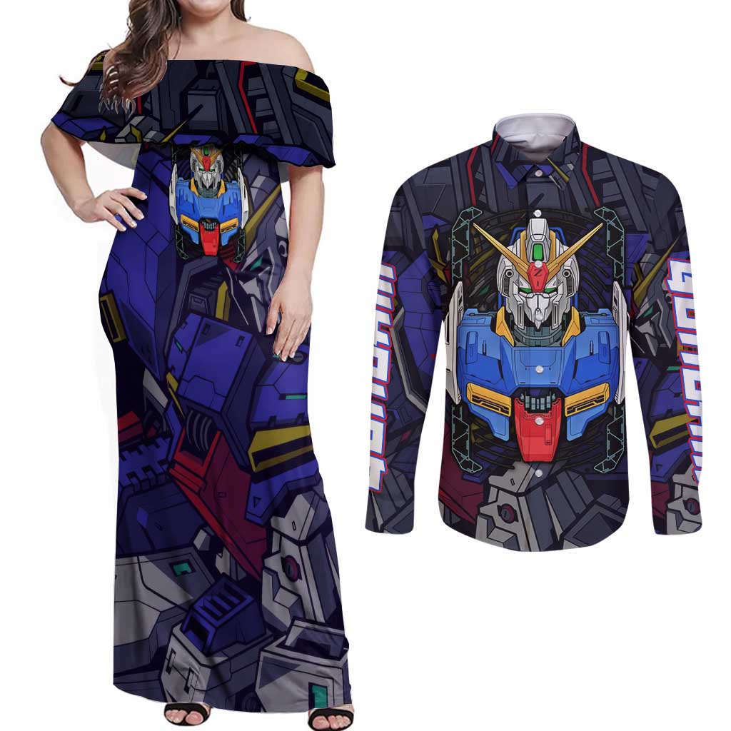 Abstract Gundam Couples Matching Off Shoulder Maxi Dress and Long Sleeve Button Shirt Anime Mix Abstract Background Style