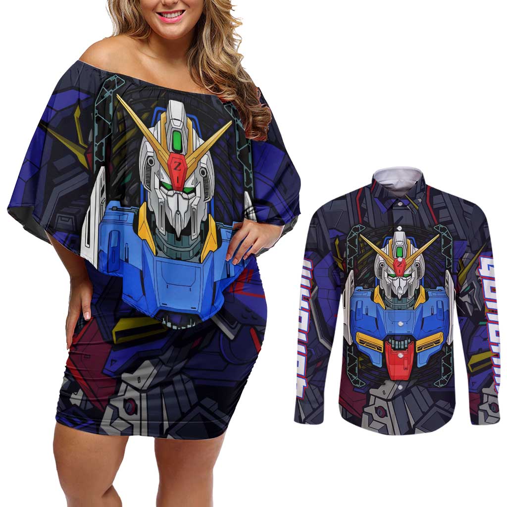 Abstract Gundam Couples Matching Off Shoulder Short Dress and Long Sleeve Button Shirt Anime Mix Abstract Background Style