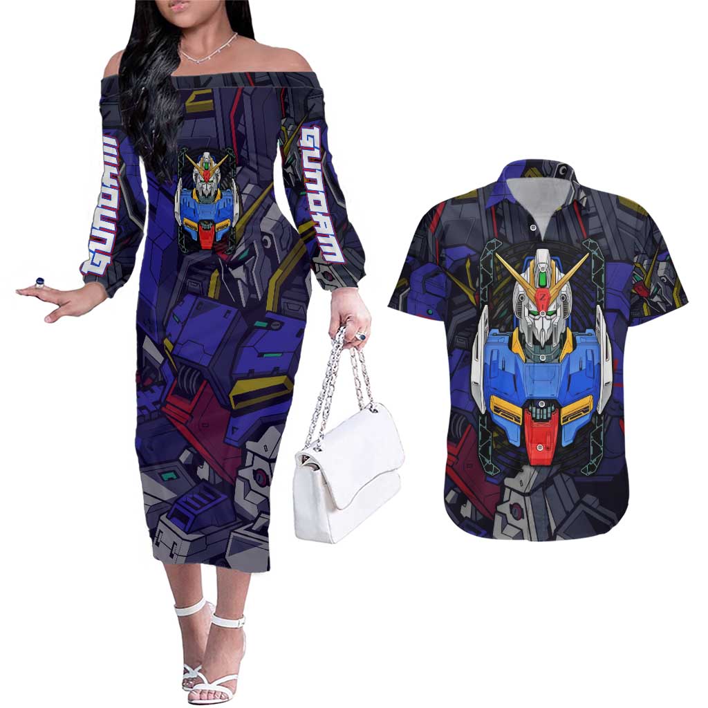 Abstract Gundam Couples Matching Off The Shoulder Long Sleeve Dress and Hawaiian Shirt Anime Mix Abstract Background Style