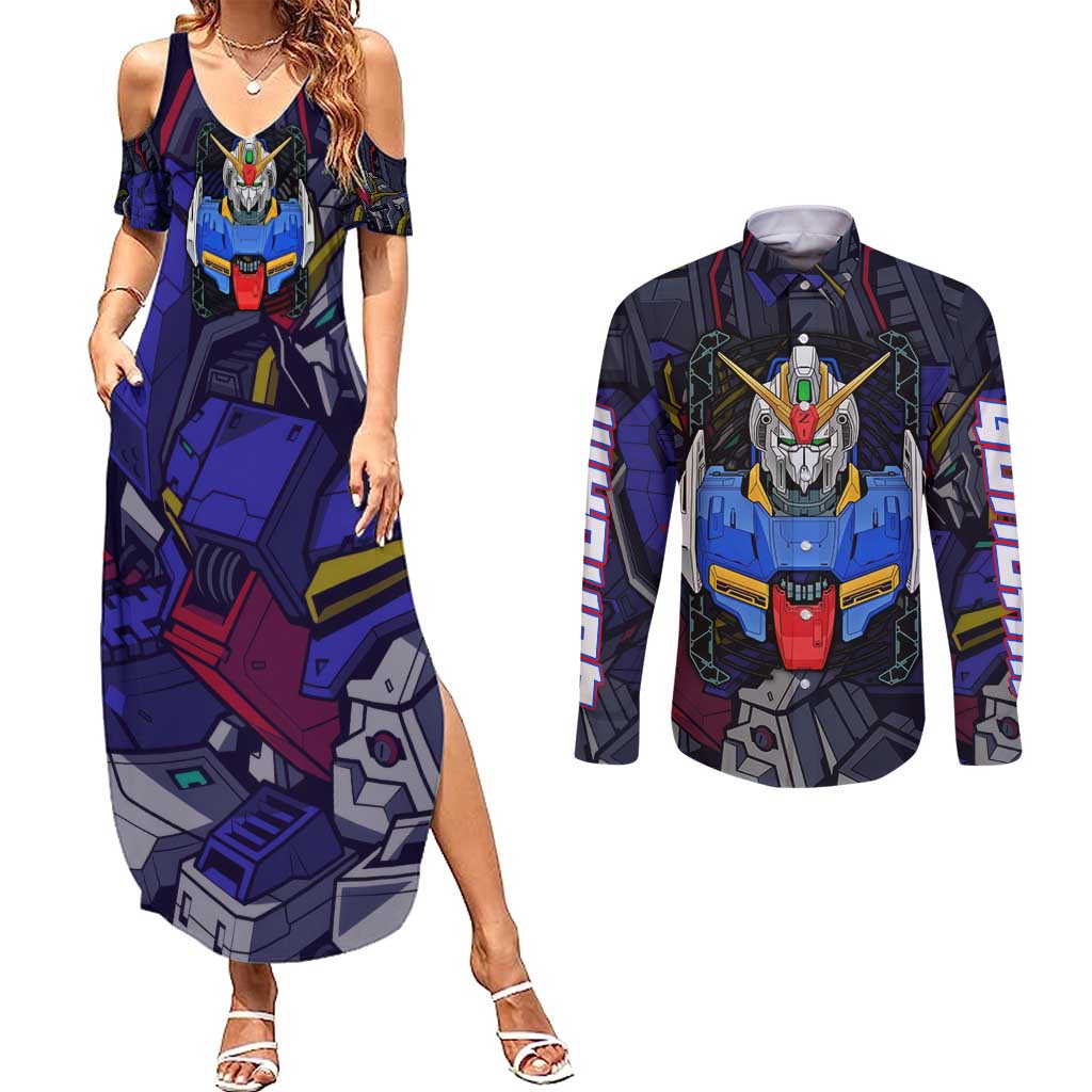 Abstract Gundam Couples Matching Summer Maxi Dress and Long Sleeve Button Shirt Anime Mix Abstract Background Style