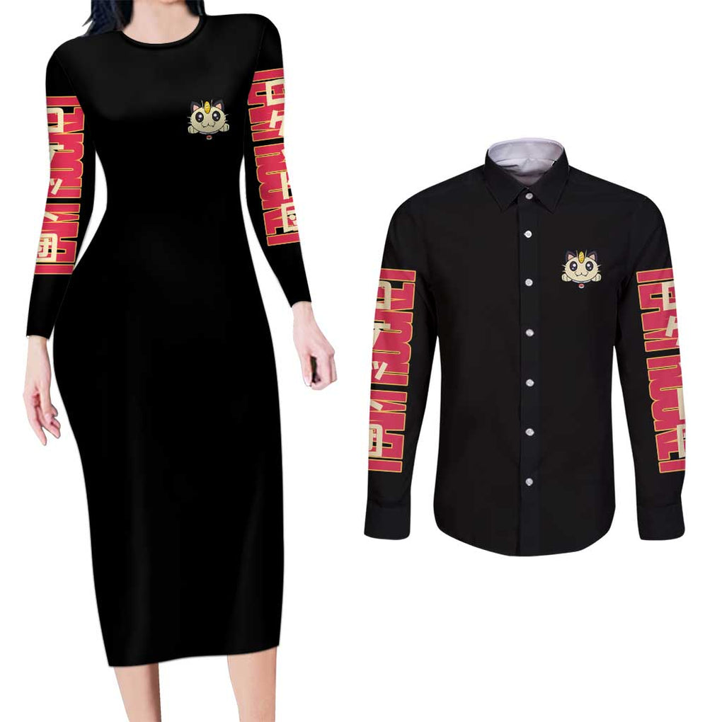 Meowth Poke Couples Matching Long Sleeve Bodycon Dress and Long Sleeve Button Shirt Anime Style