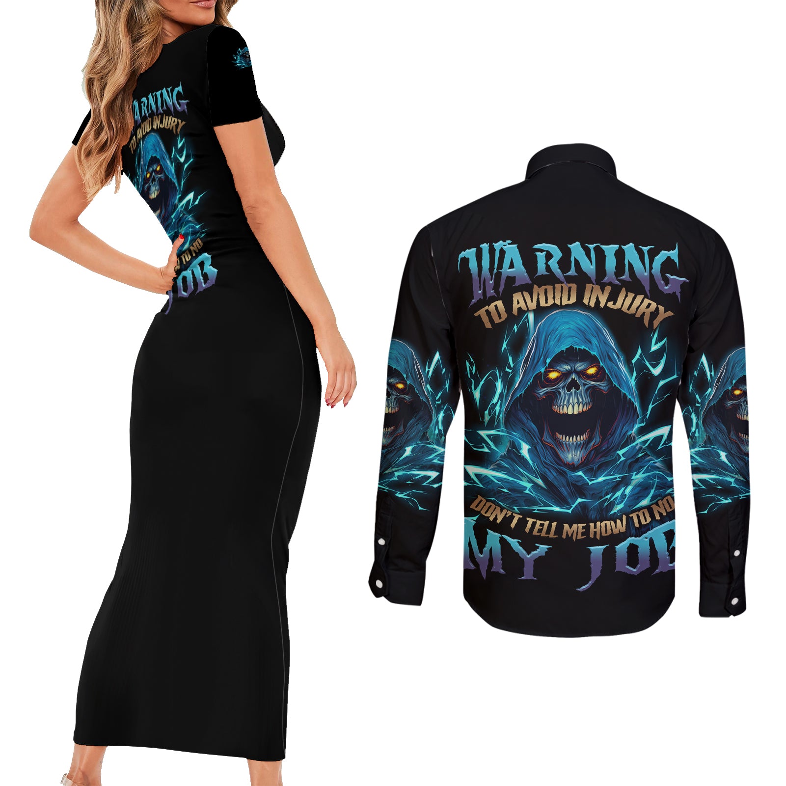 warning-to-avoid-injury-mad-reaper-skull-couples-matching-short-sleeve-bodycon-dress-and-long-sleeve-button-shirt