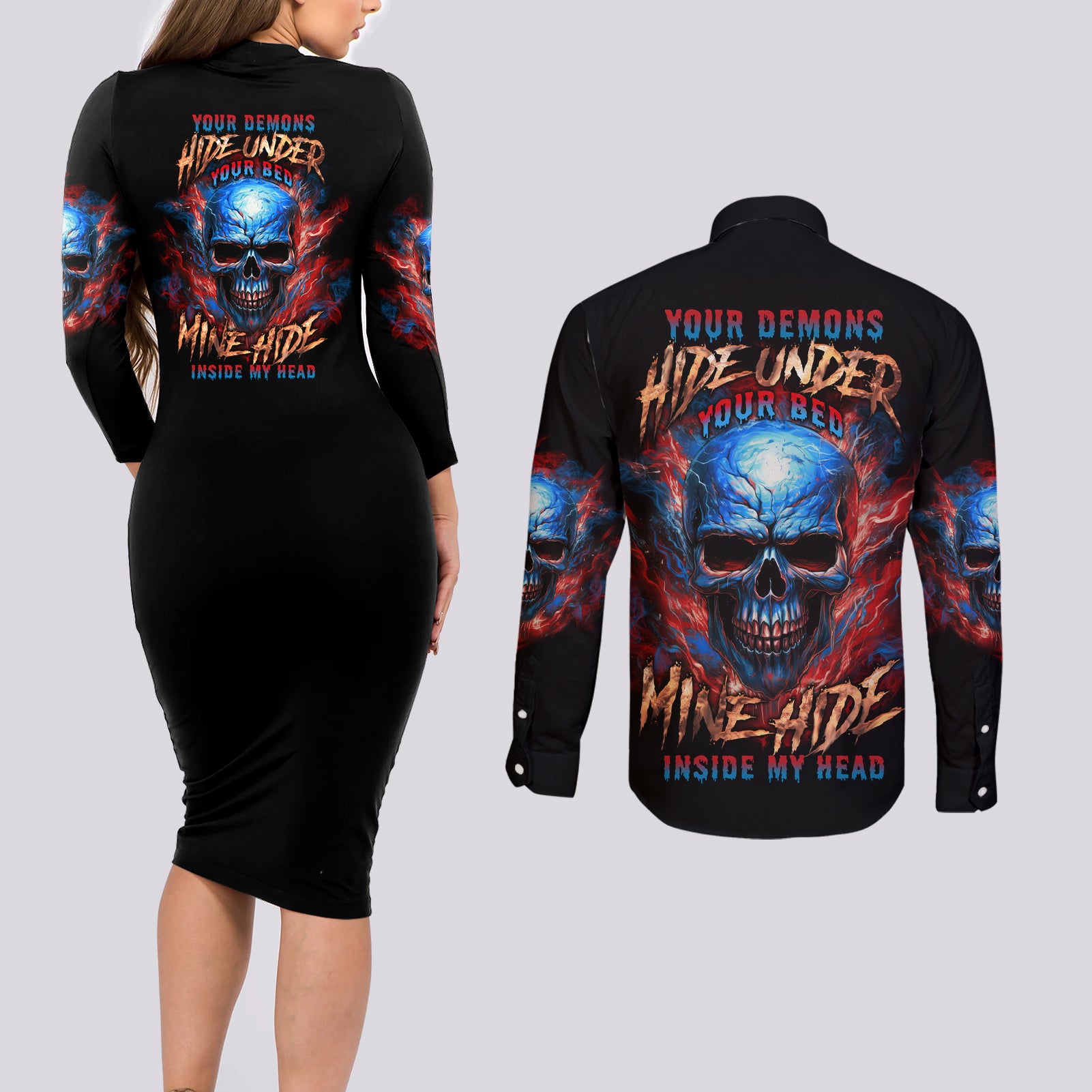 your-demons-hide-under-your-bed-skull-couples-matching-long-sleeve-bodycon-dress-and-long-sleeve-button-shirt