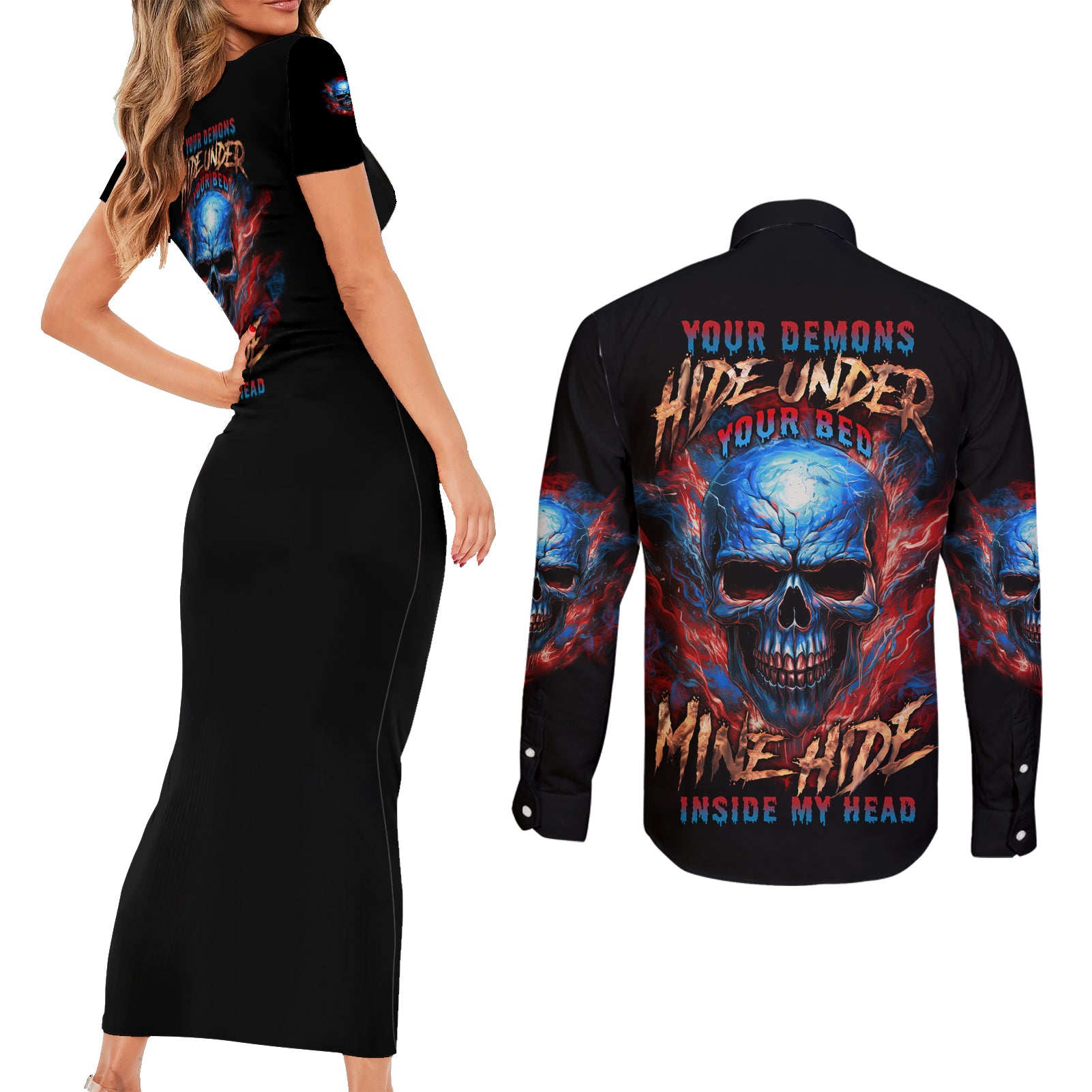 your-demons-hide-under-your-bed-skull-couples-matching-short-sleeve-bodycon-dress-and-long-sleeve-button-shirt