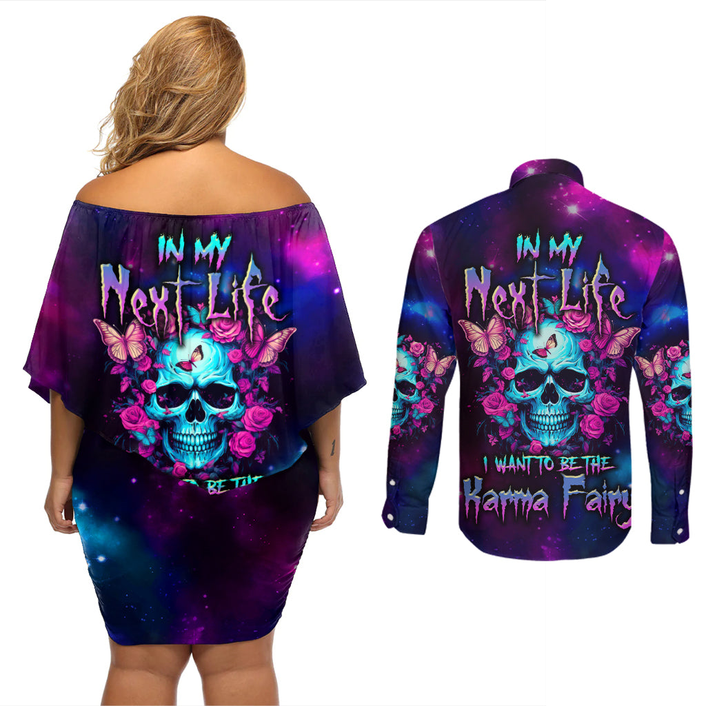 karma-fairy-skull-galaxy-couples-matching-off-shoulder-short-dress-and-long-sleeve-button-shirt