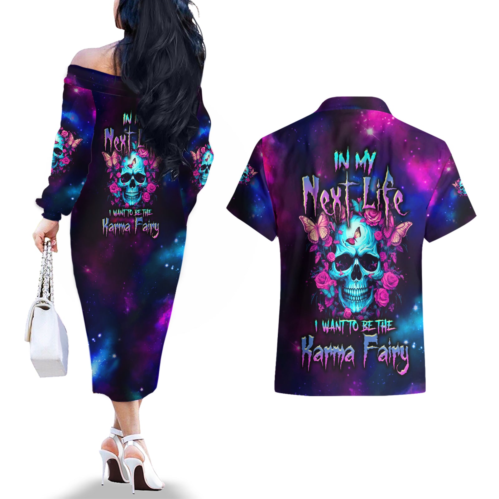 karma-fairy-skull-galaxy-couples-matching-off-the-shoulder-long-sleeve-dress-and-hawaiian-shirt