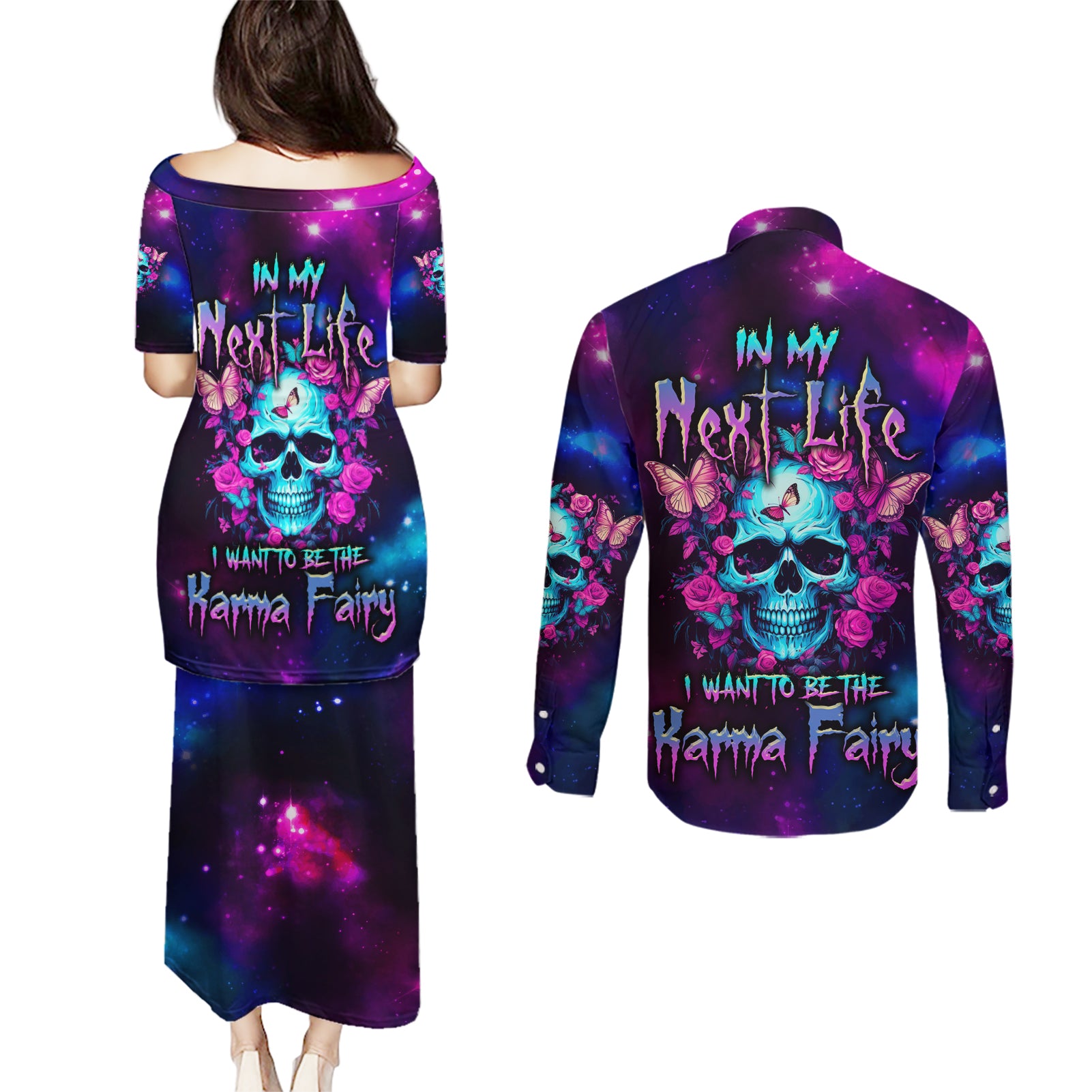 karma-fairy-skull-galaxy-couples-matching-puletasi-dress-and-long-sleeve-button-shirt