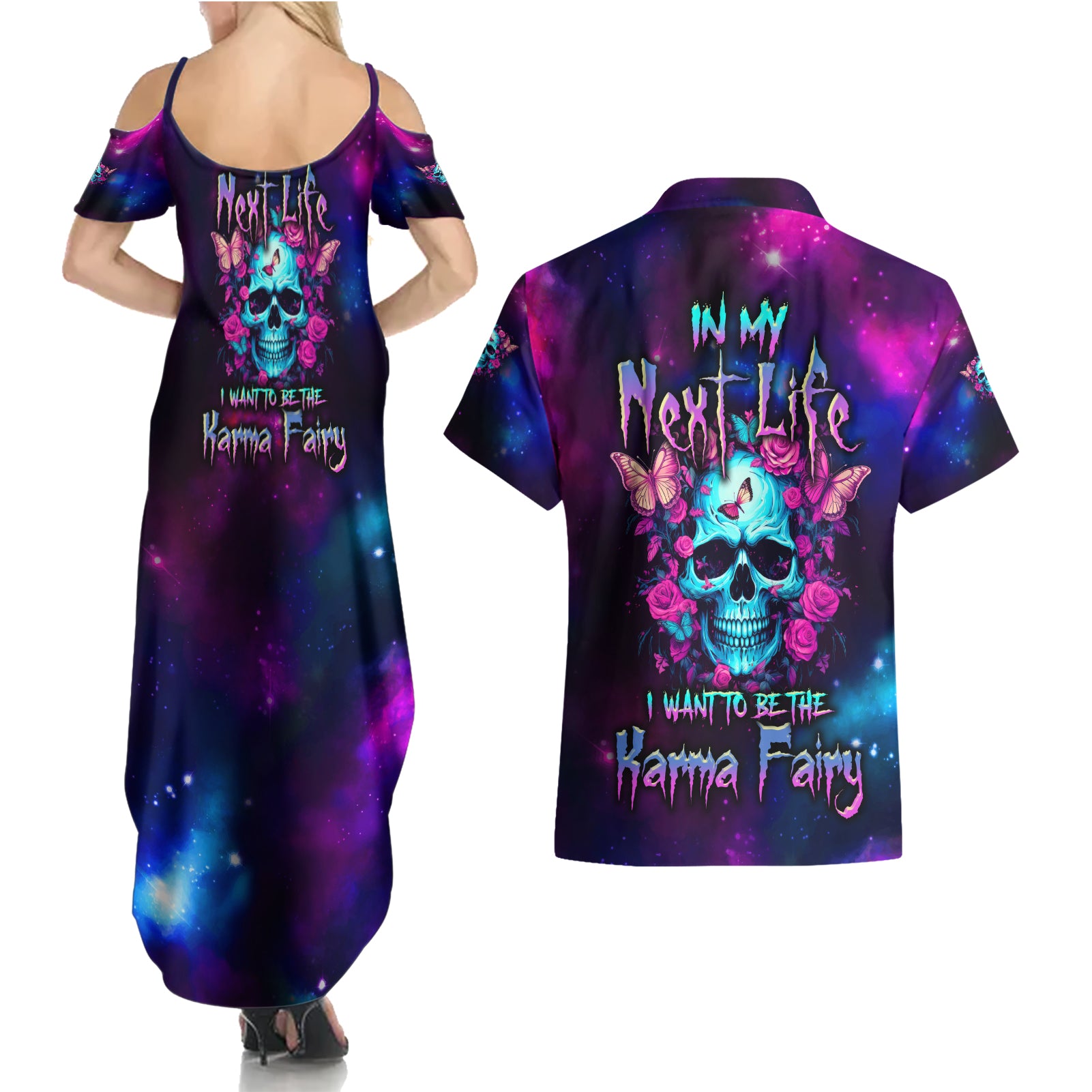 karma-fairy-skull-galaxy-couples-matching-summer-maxi-dress-and-hawaiian-shirt