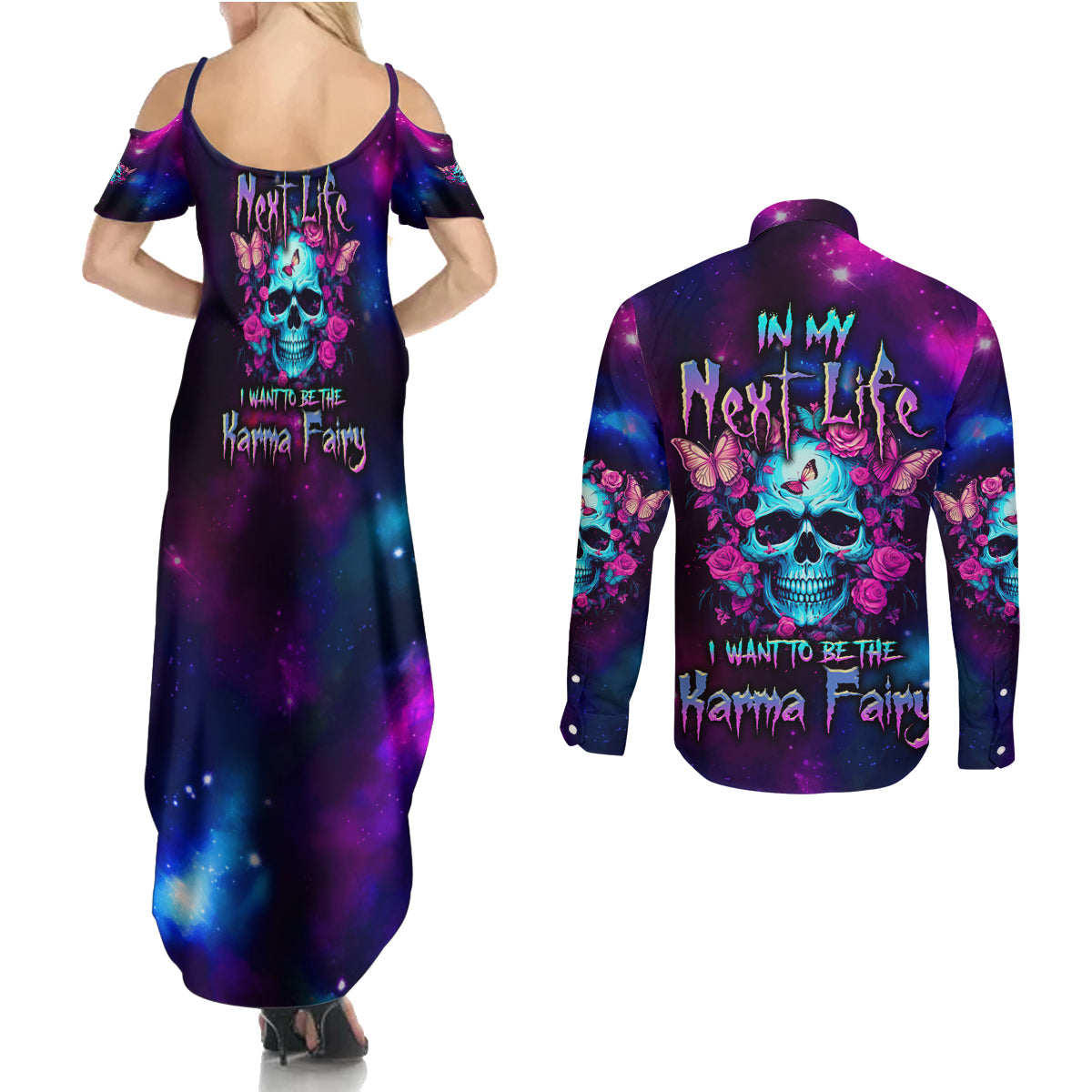 karma-fairy-skull-galaxy-couples-matching-summer-maxi-dress-and-long-sleeve-button-shirt