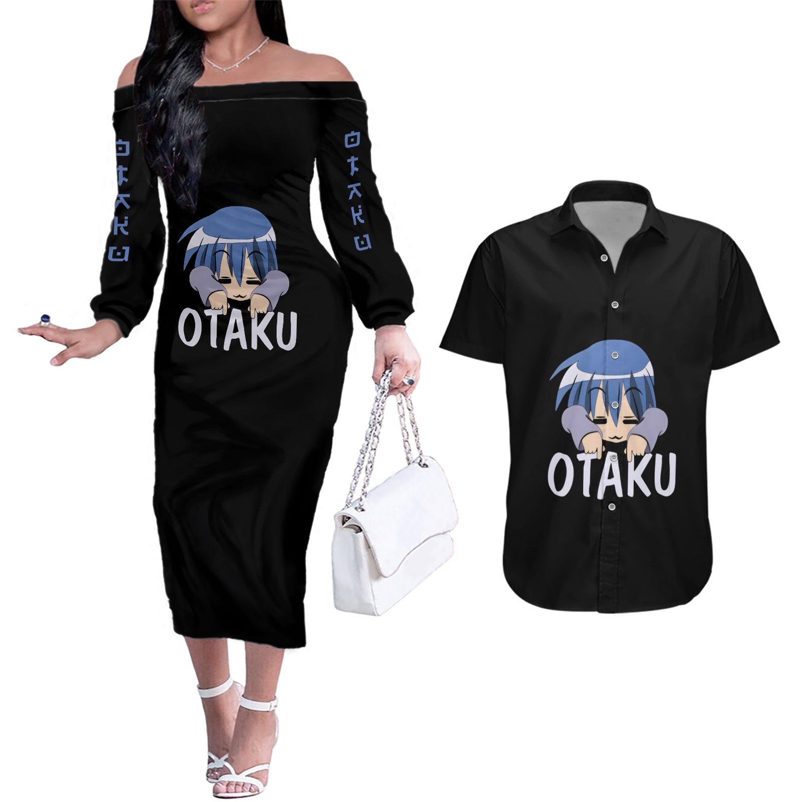 I'm An Otaku Couples Matching Off The Shoulder Long Sleeve Dress and Hawaiian Shirt