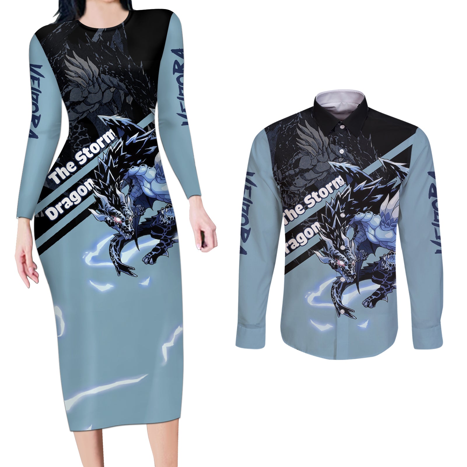 Veldora Storm Dragon Couples Matching Long Sleeve Bodycon Dress and Long Sleeve Button Shirt