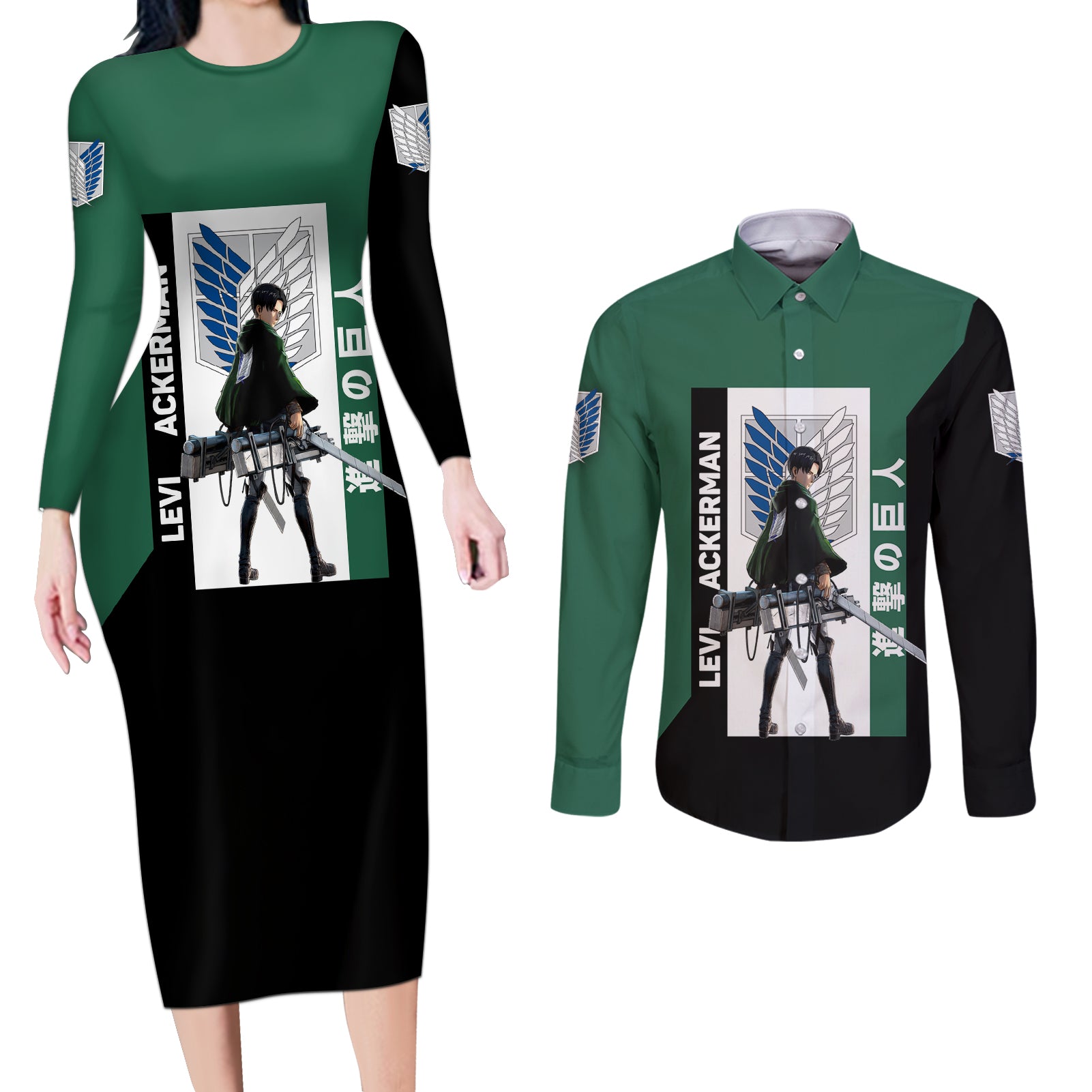 Levi Ackerman Couples Matching Long Sleeve Bodycon Dress and Long Sleeve Button Shirt