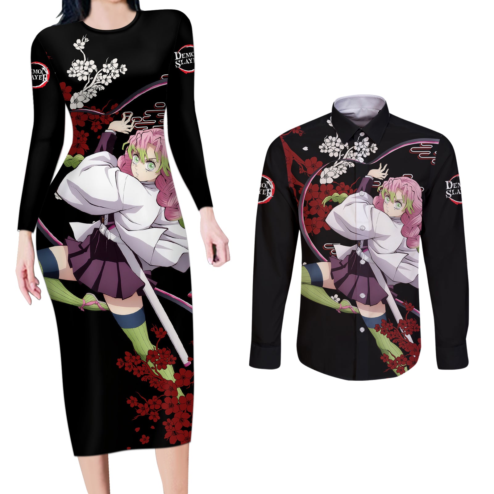 Mitsuri Kanroji Japan Style Couples Matching Long Sleeve Bodycon Dress and Long Sleeve Button Shirt