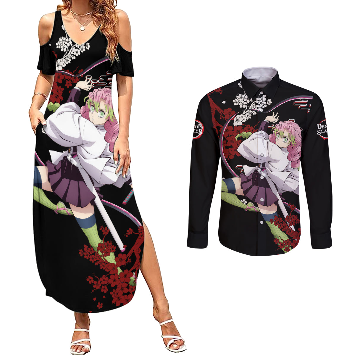 Mitsuri Kanroji Japan Style Couples Matching Summer Maxi Dress and Long Sleeve Button Shirt