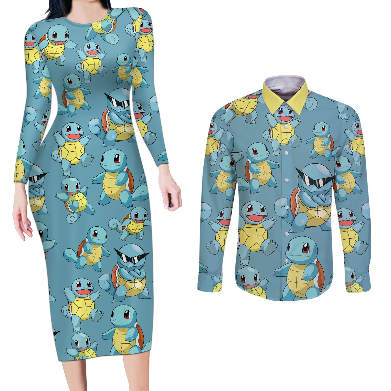 Squirtle Clothes Pattern Style Couples Matching Long Sleeve Bodycon Dress and Long Sleeve Button Shirt