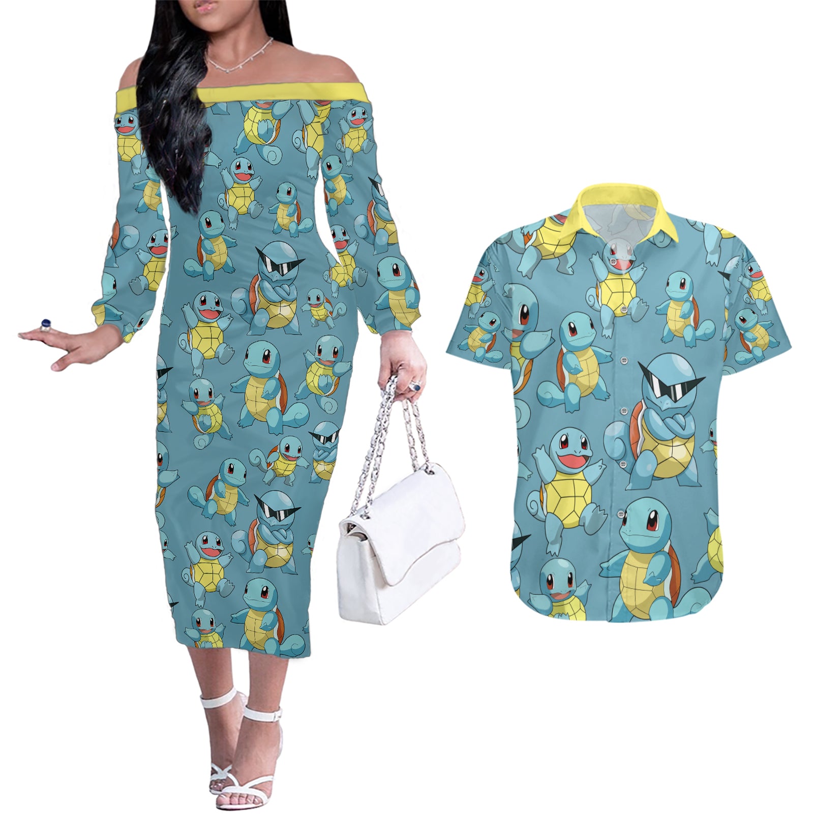 Squirtle Clothes Pattern Style Couples Matching Off The Shoulder Long Sleeve Dress and Hawaiian Shirt