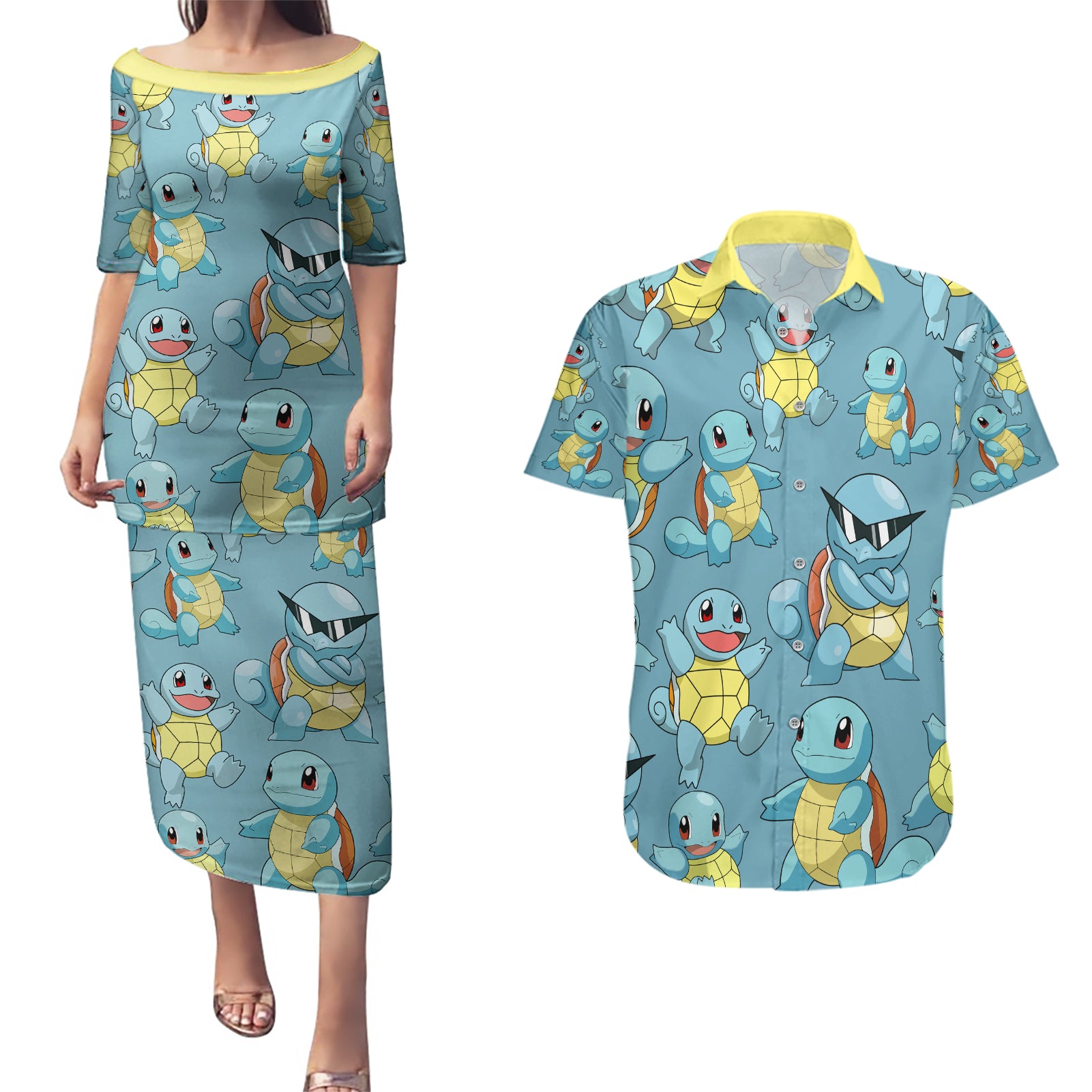 Squirtle Clothes Pattern Style Couples Matching Puletasi and Hawaiian Shirt