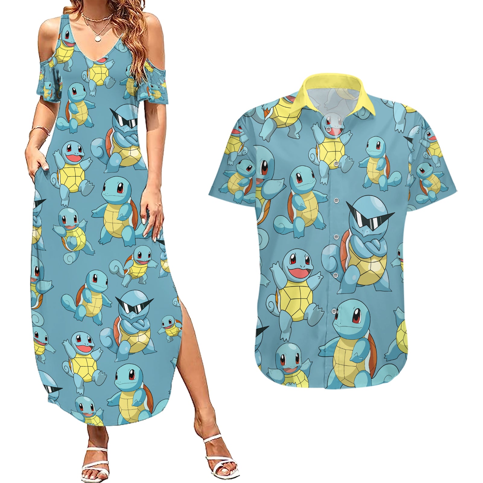 Squirtle Clothes Pattern Style Couples Matching Summer Maxi Dress and Hawaiian Shirt