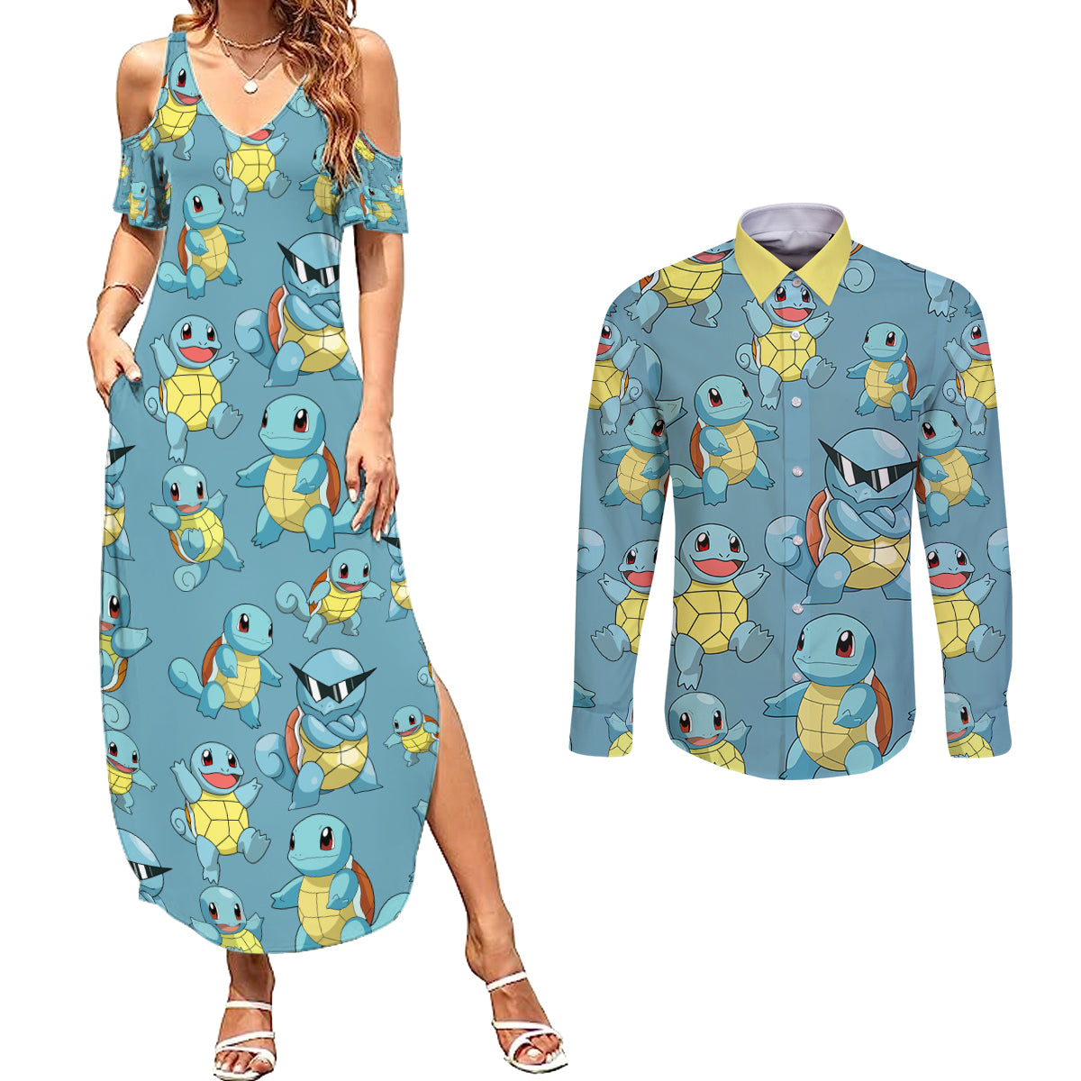 Squirtle Clothes Pattern Style Couples Matching Summer Maxi Dress and Long Sleeve Button Shirt